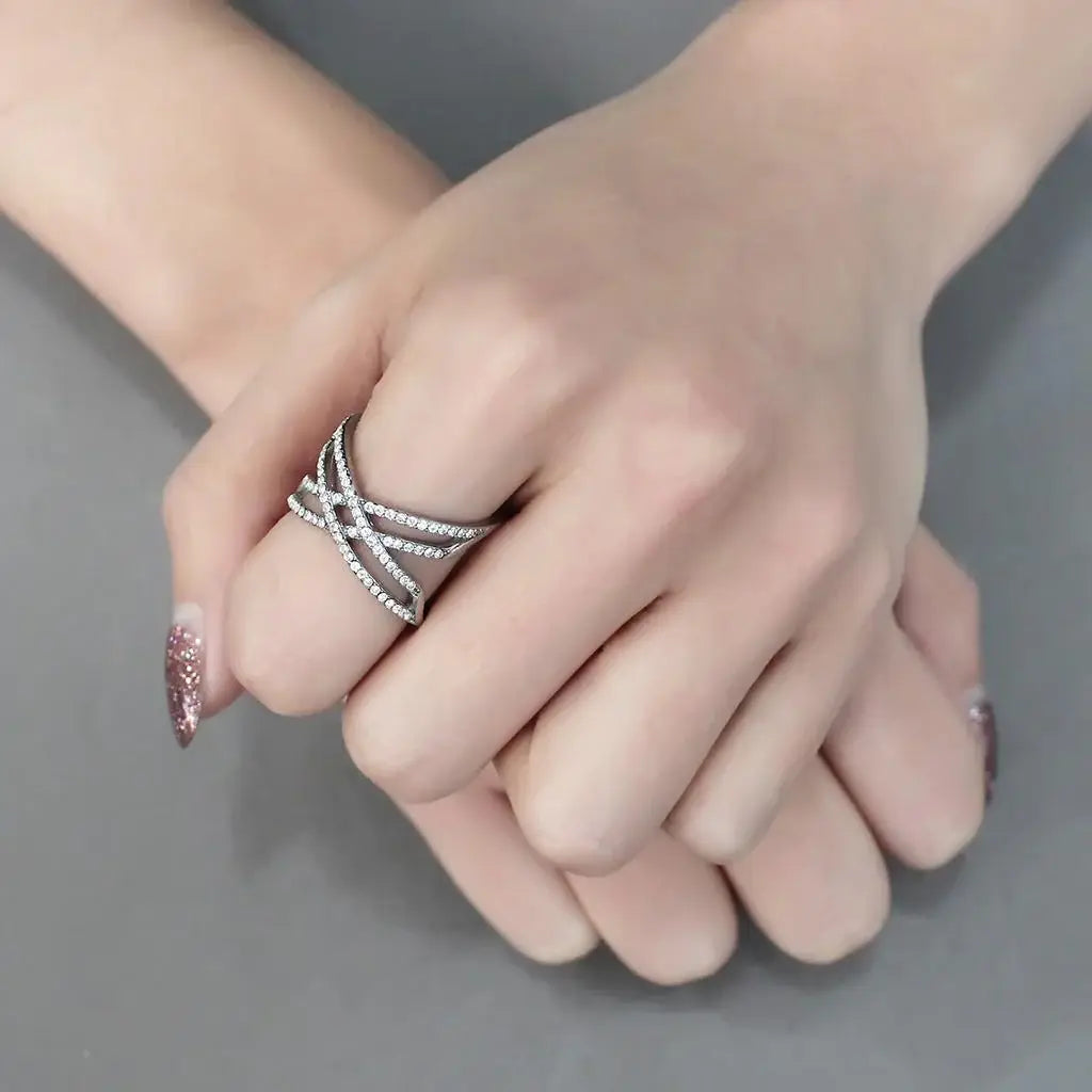 DA255 - High polished (no plating) Stainless Steel Ring with AAA Grade CZ in Clear - Alamode - Flyclothing LLC