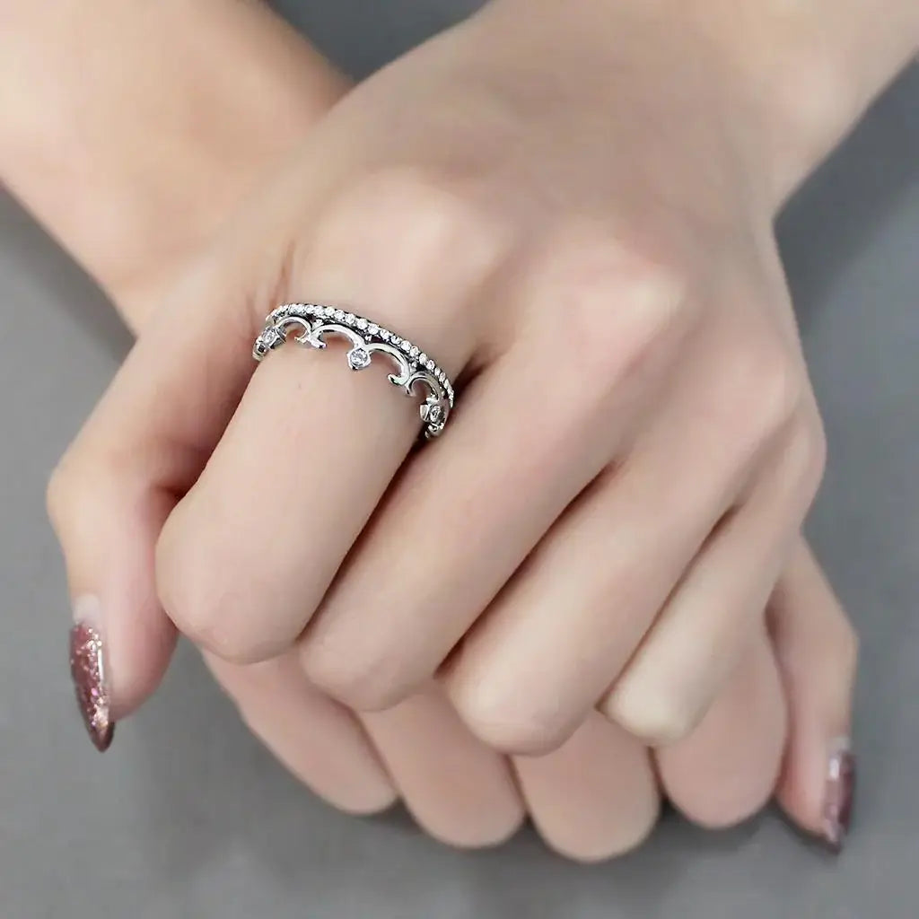 DA267 - High polished (no plating) Stainless Steel Ring with AAA Grade CZ in Clear - Alamode - Flyclothing LLC
