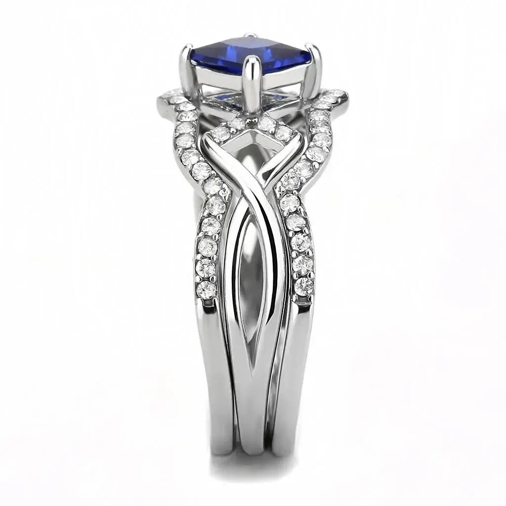 DA272 - High polished (no plating) Stainless Steel Ring with Synthetic Spinel in London Blue - Alamode - Flyclothing LLC