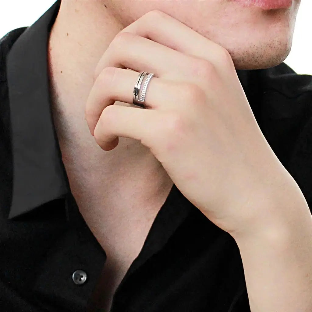 DA275 - High polished (no plating) Stainless Steel Ring with AAA Grade CZ in Clear - Alamode - Flyclothing LLC