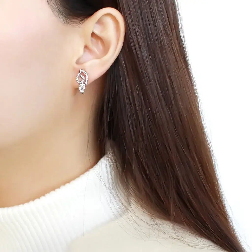 DA291 - High polished (no plating) Stainless Steel Earrings with AAA Grade CZ in Clear - Alamode - Flyclothing LLC