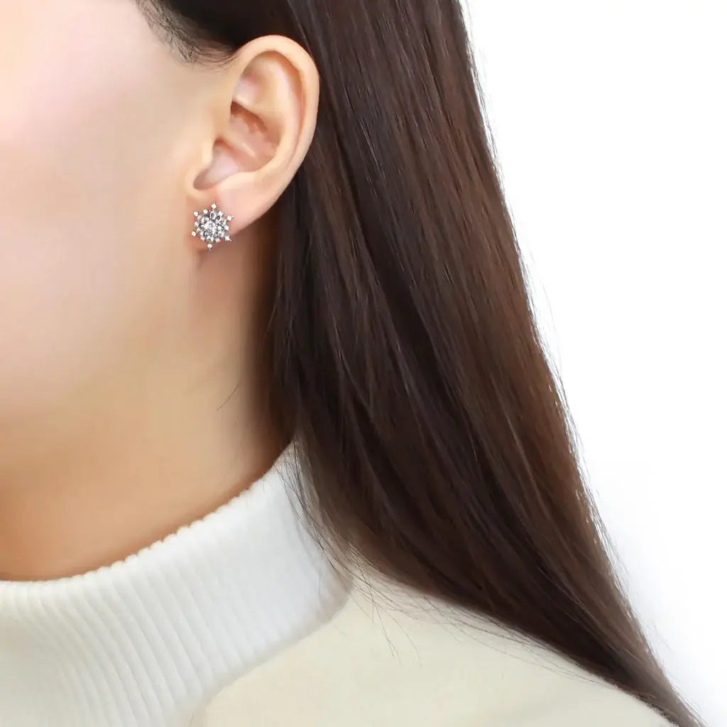 DA294 - High polished (no plating) Stainless Steel Earrings with AAA Grade CZ in Clear - Alamode - Flyclothing LLC