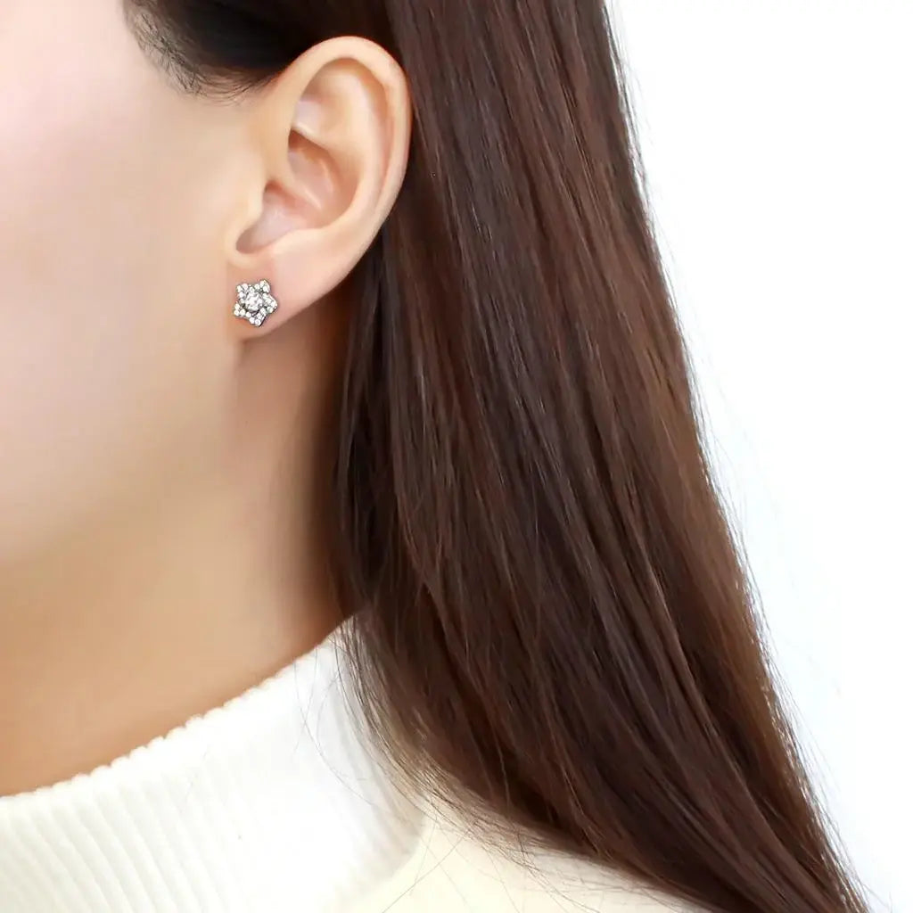 DA297 - High polished (no plating) Stainless Steel Earrings with AAA Grade CZ in Clear - Alamode - Flyclothing LLC