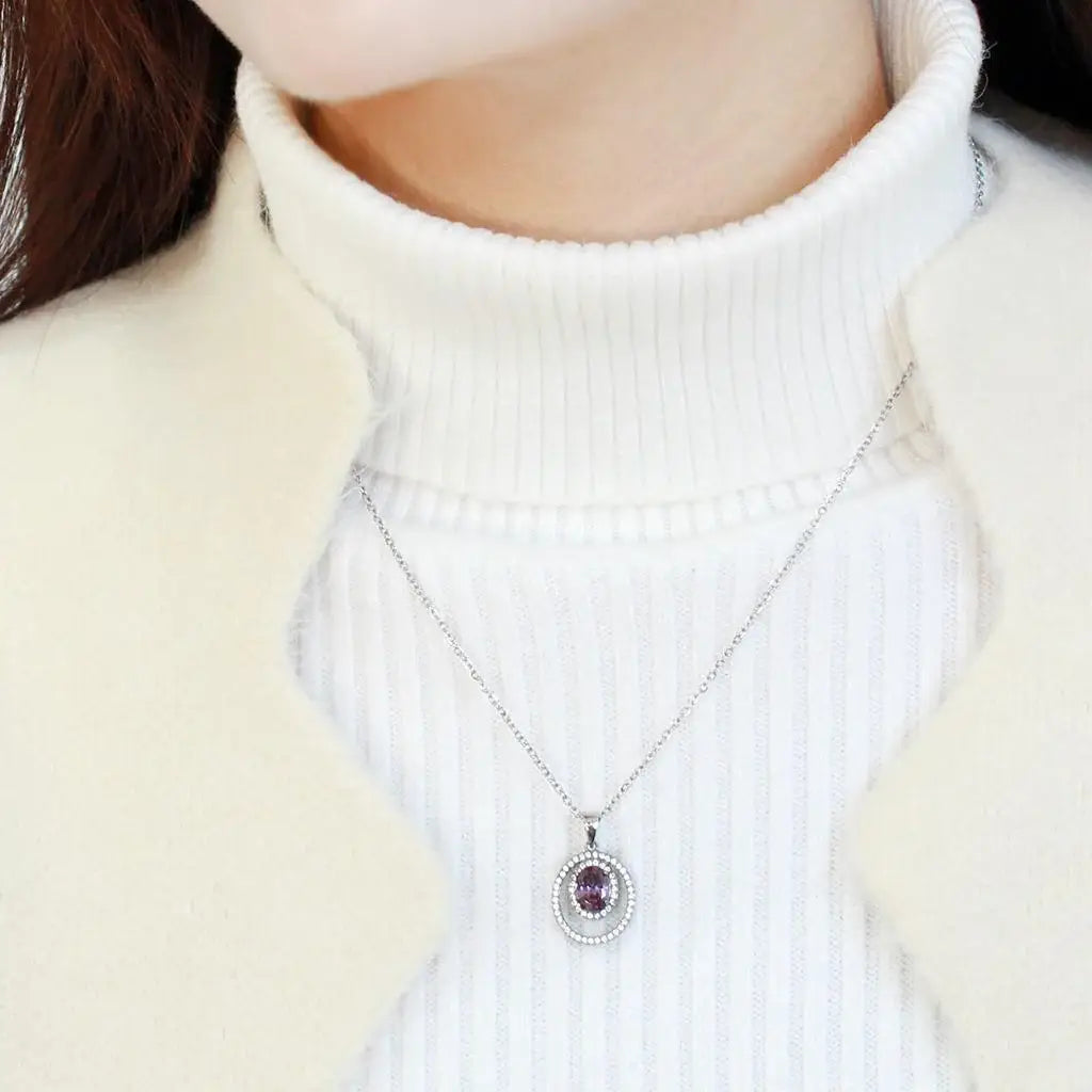 DA300 - High polished (no plating) Stainless Steel Chain Pendant with AAA Grade CZ in Amethyst - Alamode - Flyclothing LLC