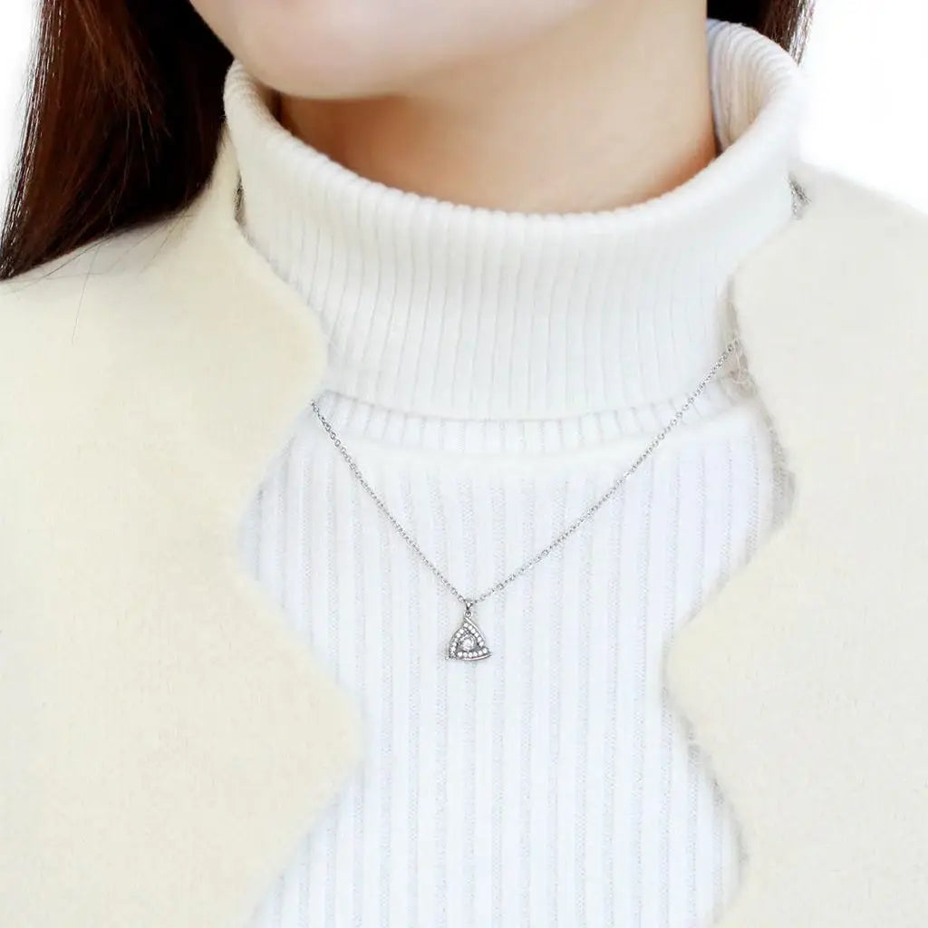 DA301 - High polished (no plating) Stainless Steel Chain Pendant with AAA Grade CZ in Clear - Alamode - Flyclothing LLC