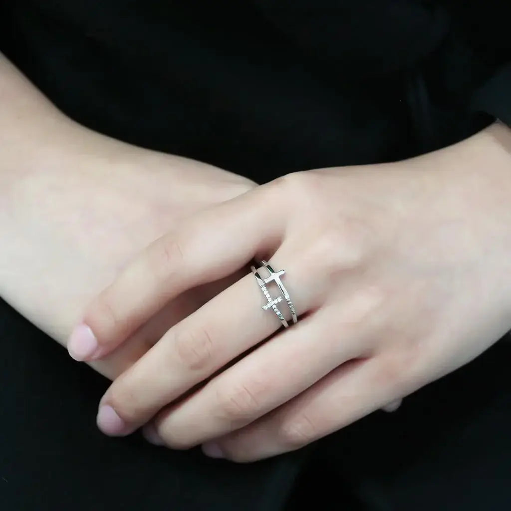 DA319 - No Plating Stainless Steel Ring with AAA Grade CZ in Clear - Alamode - Flyclothing LLC