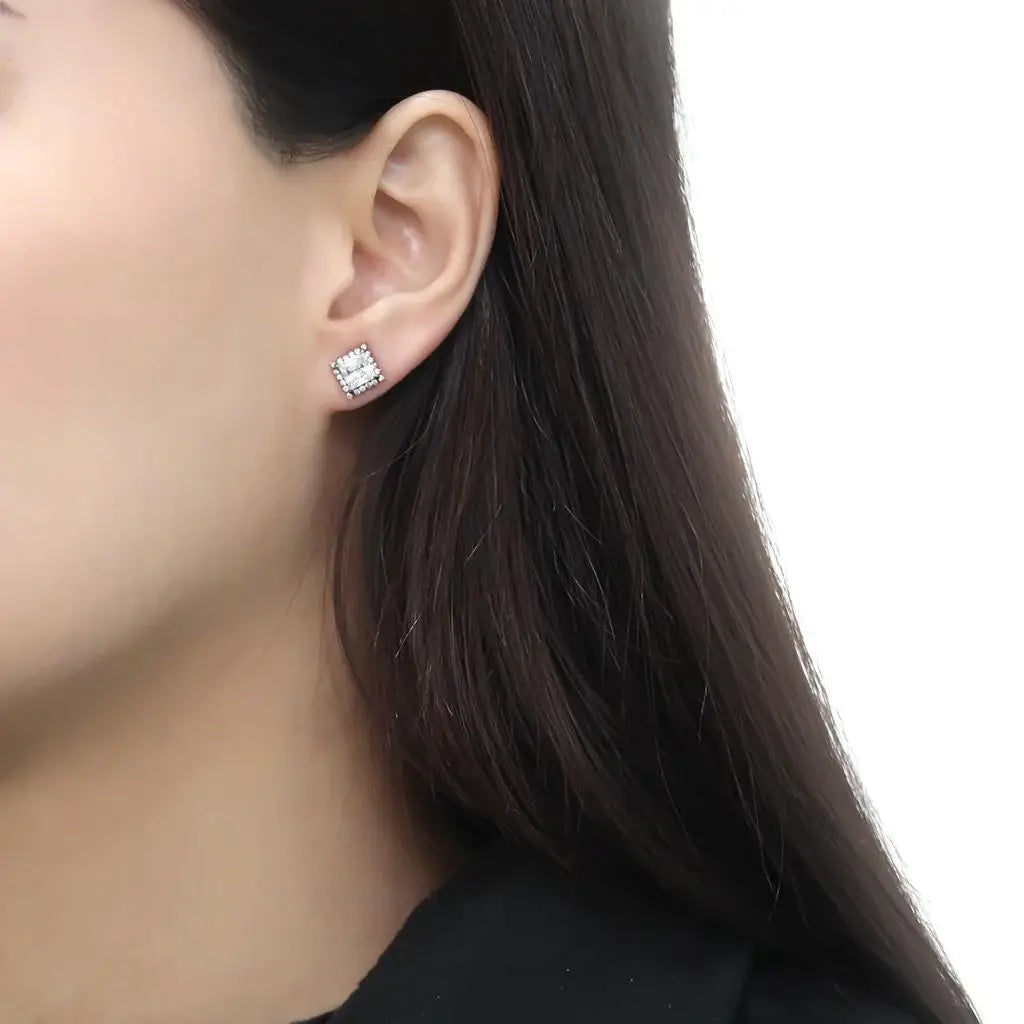 DA326 - No Plating Stainless Steel Earrings with AAA Grade CZ in Clear - Alamode - Flyclothing LLC
