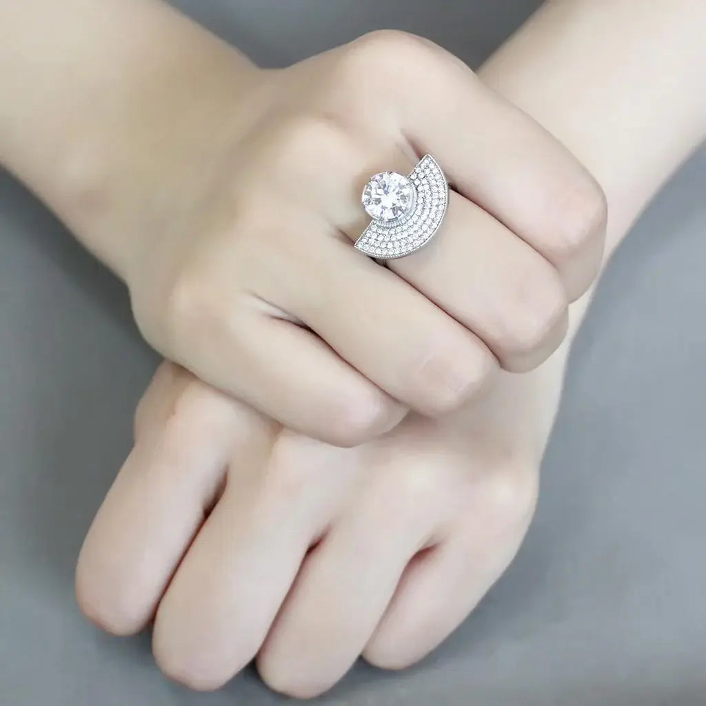 DA336 - No Plating Stainless Steel Ring with AAA Grade CZ in Clear - Alamode - Flyclothing LLC