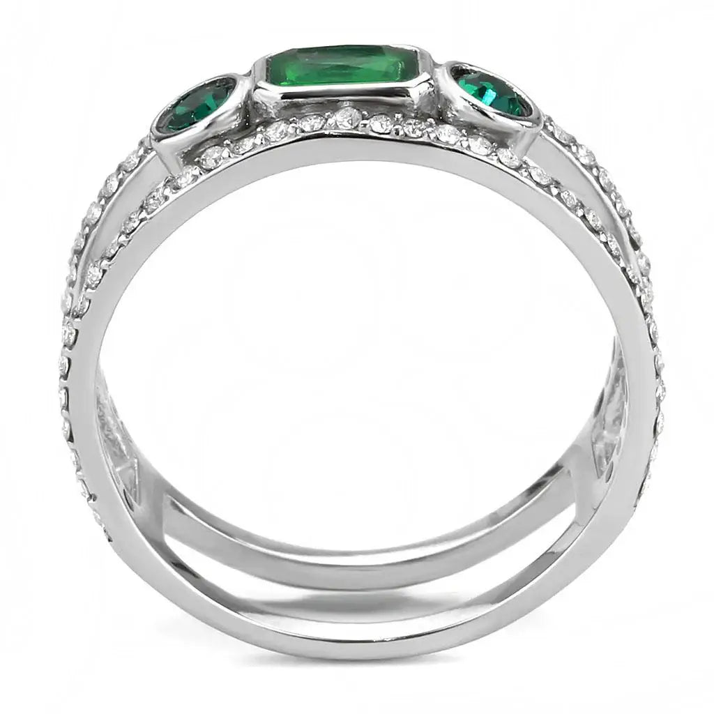 DA348 - High polished (no plating) Stainless Steel Ring with Synthetic Synthetic Glass in Emerald - Alamode - Flyclothing LLC