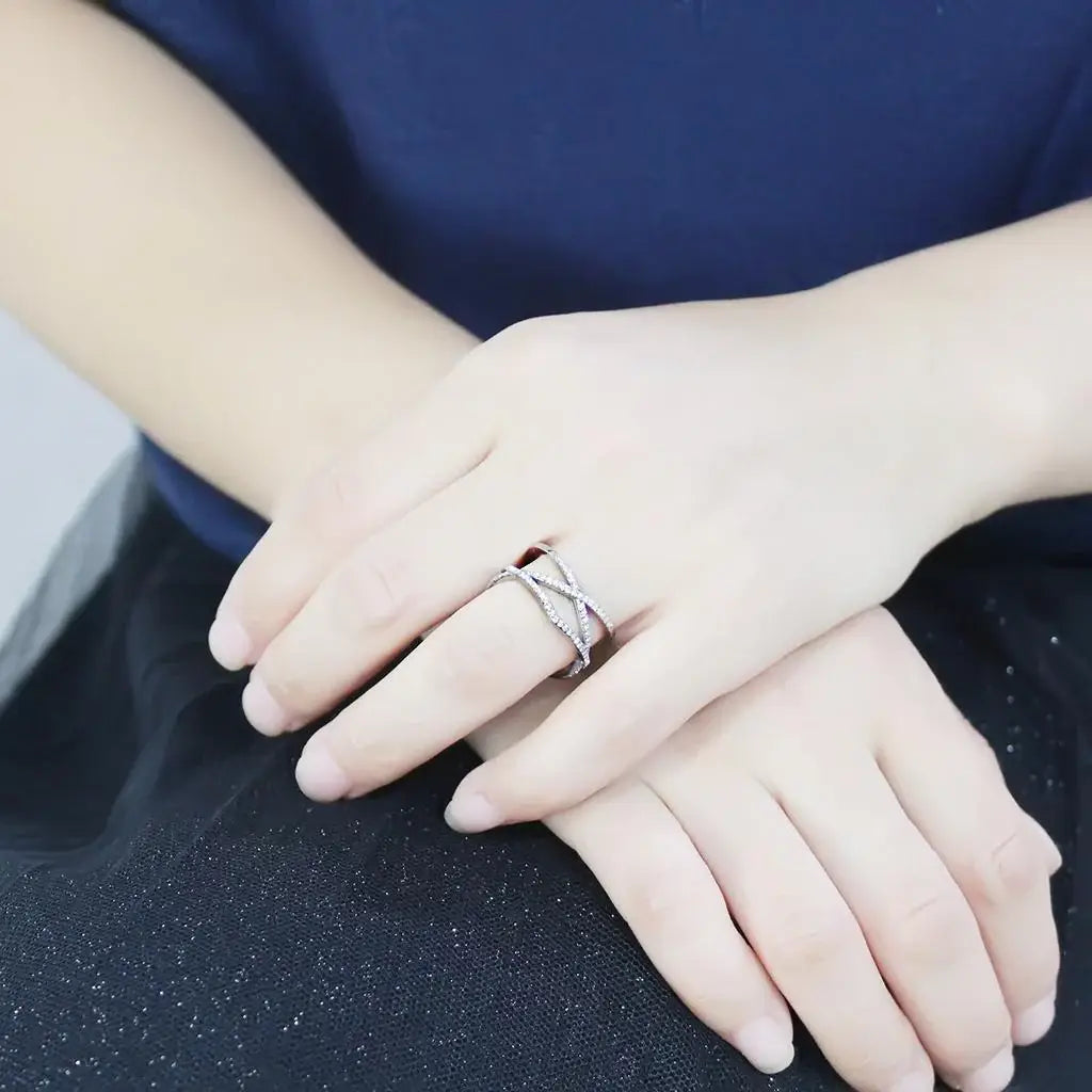 DA381 - High polished (no plating) Stainless Steel Ring with AAA Grade CZ in Clear - Alamode - Flyclothing LLC