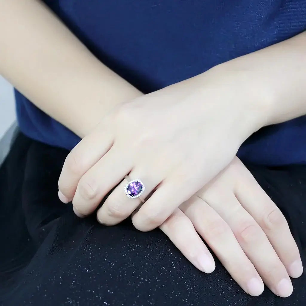DA385 - High polished (no plating) Stainless Steel Ring with AAA Grade CZ in Amethyst - Alamode - Flyclothing LLC