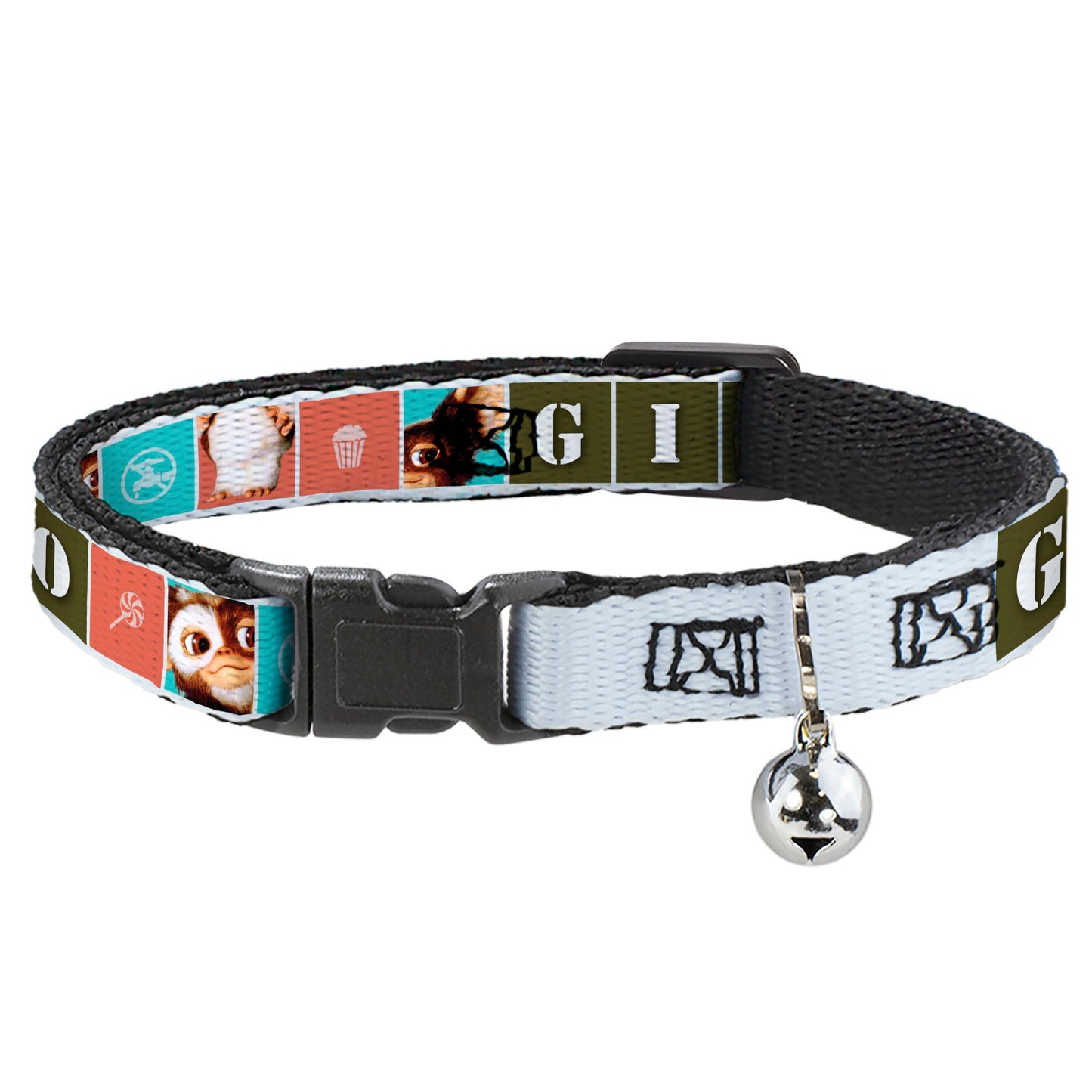 Breakaway Cat Collar with Bell - Gremlins GIZMO Text and Pose Blocks White/Multi Color