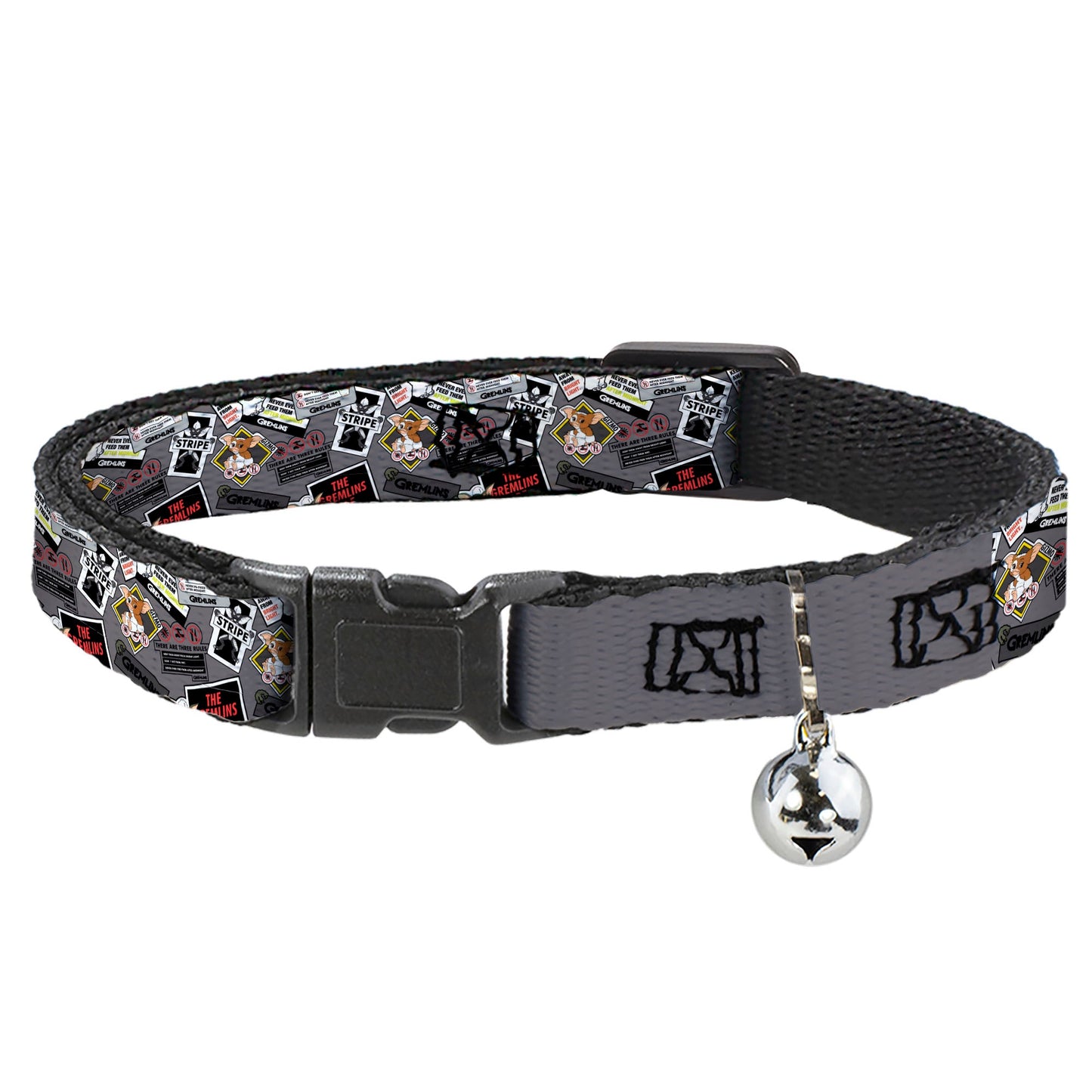 Breakaway Cat Collar with Bell - Gremlins Gizmo Pose and Rules Collage Gray
