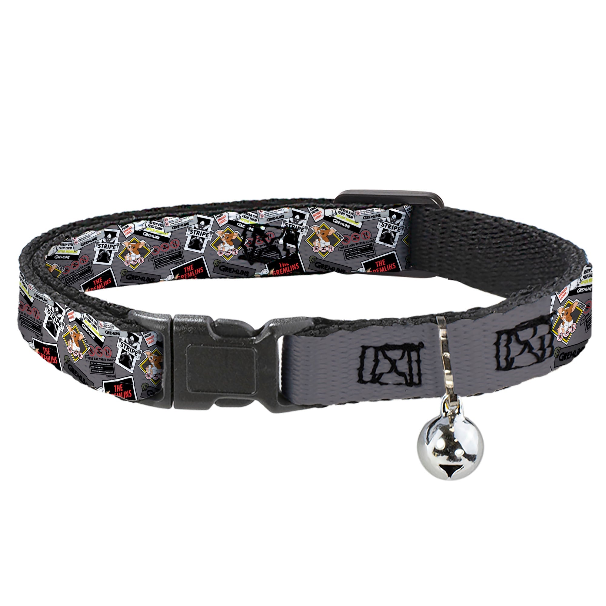 Breakaway Cat Collar with Bell - Gremlins Gizmo Pose and Rules Collage Gray