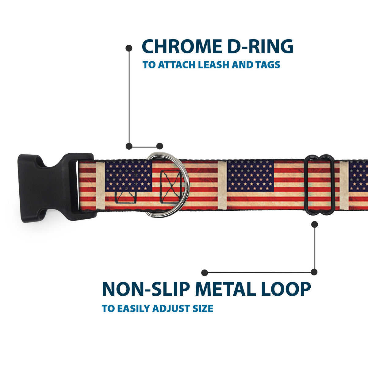 Plastic Clip Collar - American Flag Weathered Color Repeat - Buckle-Down - Flyclothing LLC