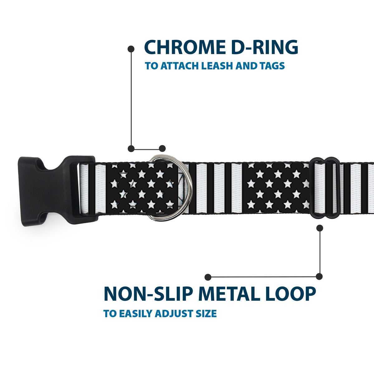 Plastic Clip Collar - American Flag CLOSE-UP Black/White - Buckle-Down - Flyclothing LLC