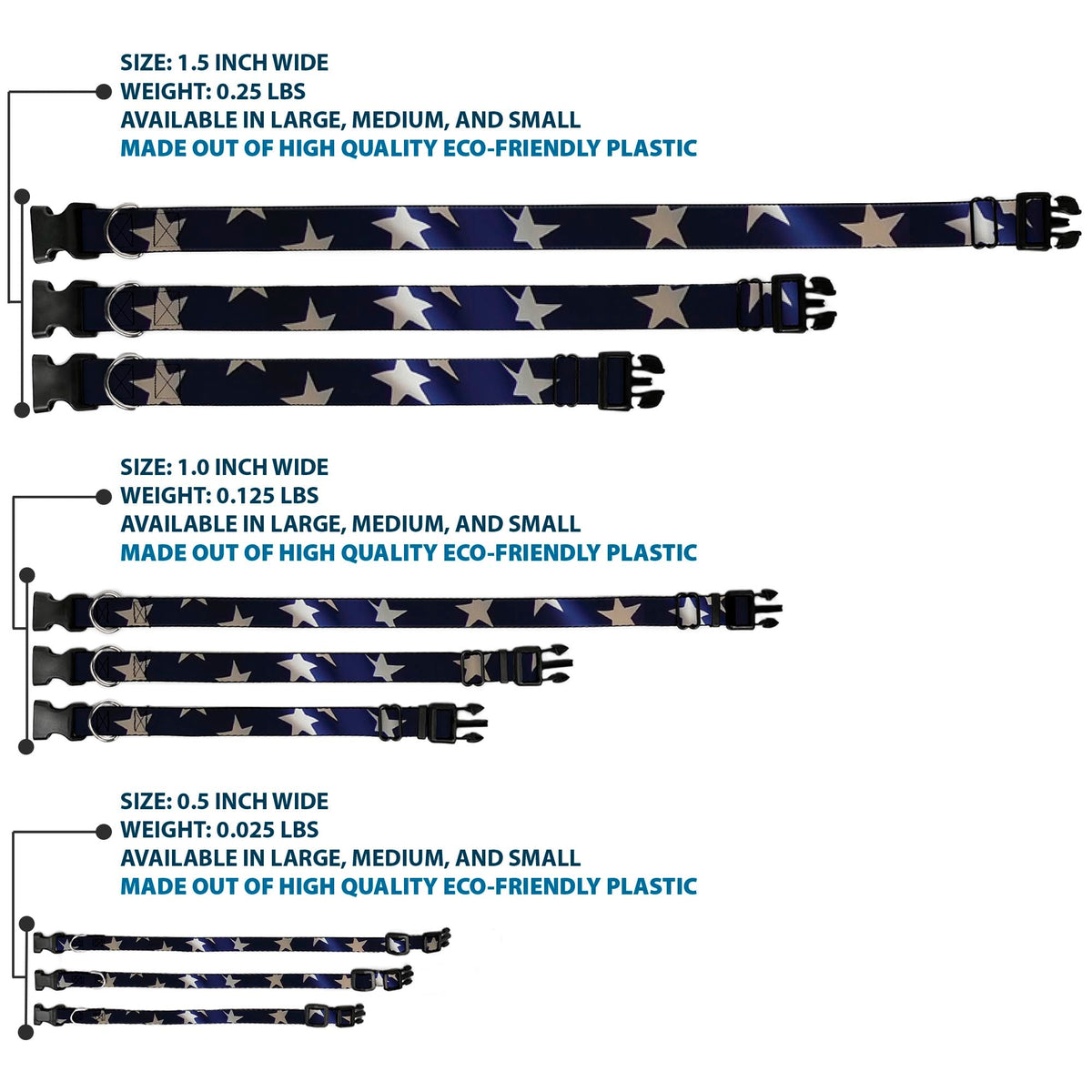 Plastic Clip Collar - American Flag Vivid Stars CLOSE-UP Blue/White