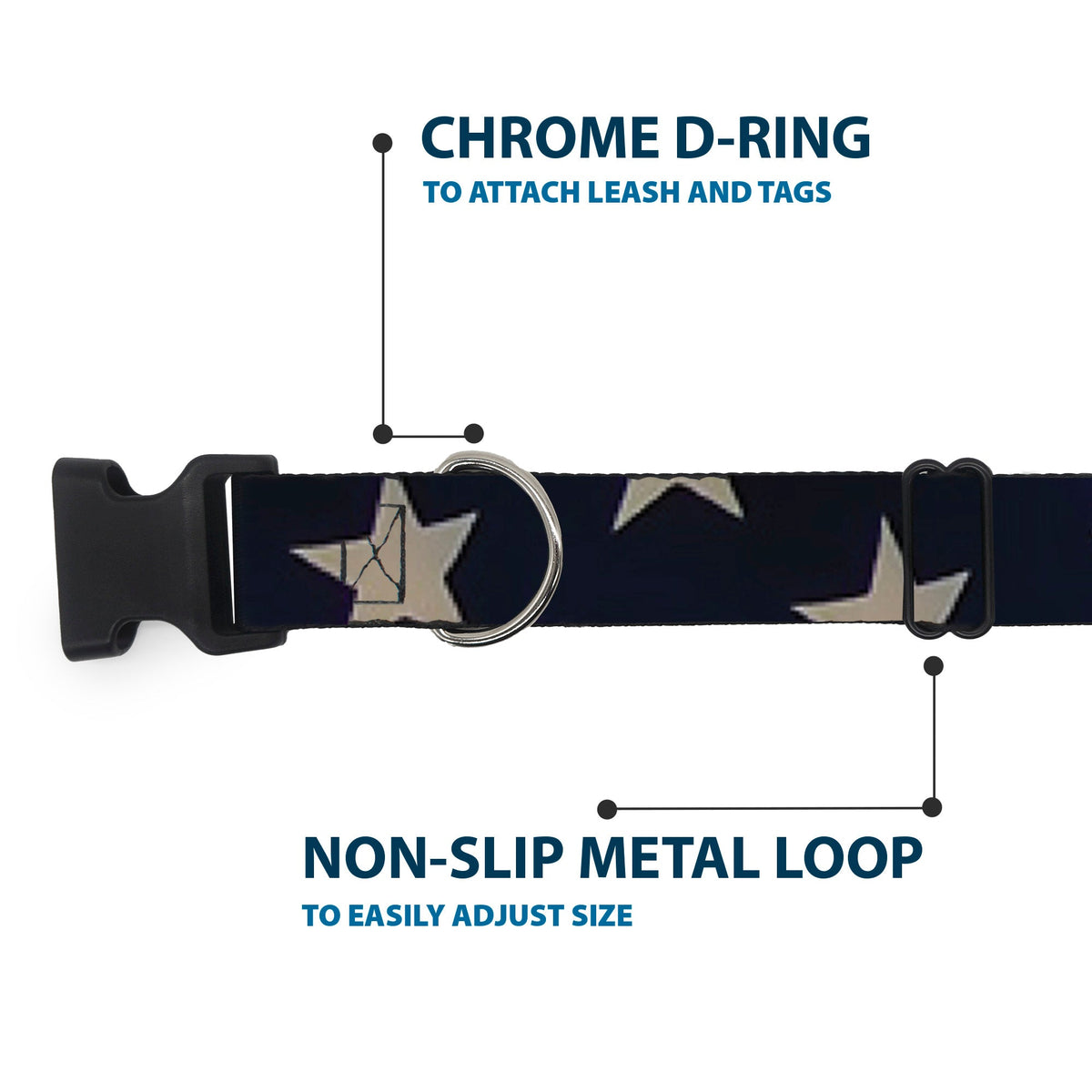 Plastic Clip Collar - American Flag Vivid Stars CLOSE-UP Blue/White