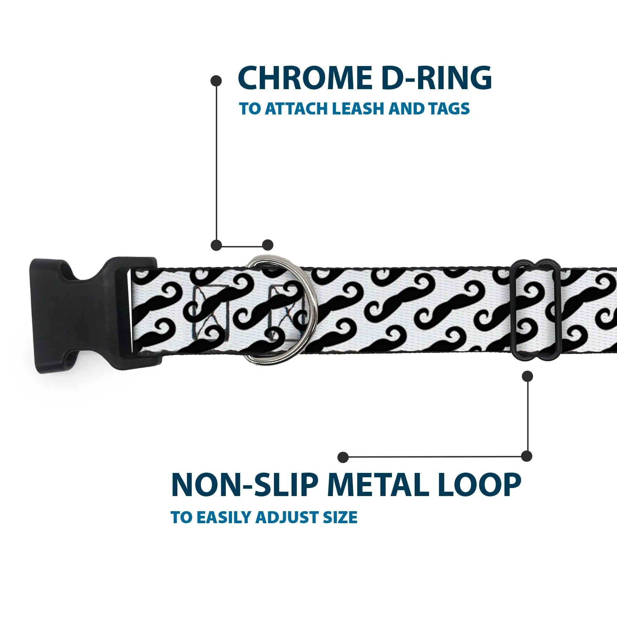 Plastic Clip Collar - Diagonal Handlebar Mustaches White/Black - Buckle-Down - Flyclothing LLC