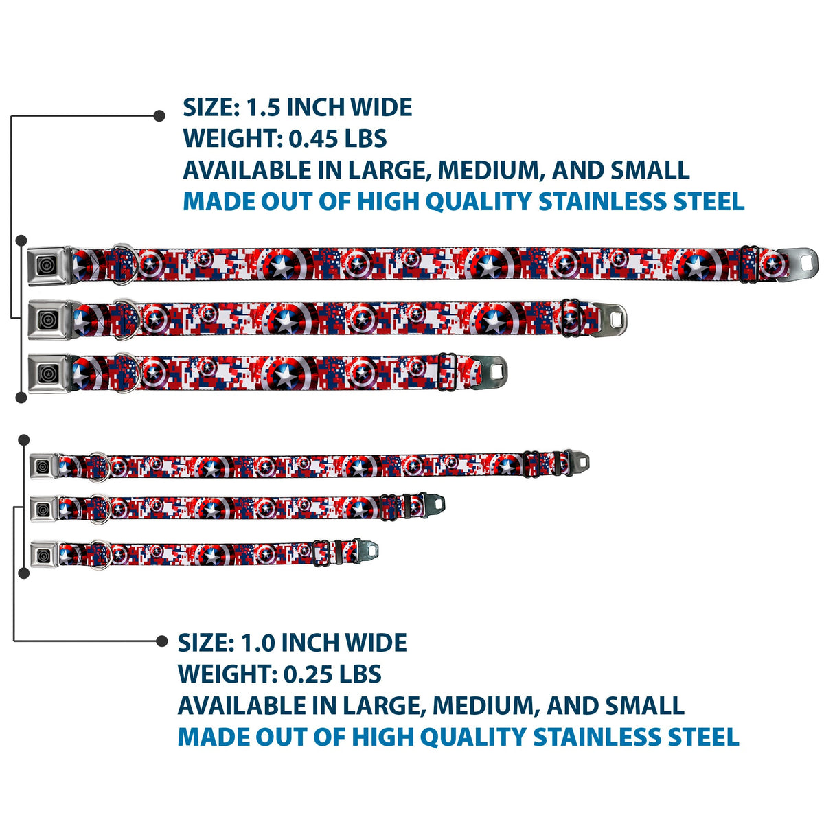 MARVEL AVENGERS Captain America Shield Black Silver Seatbelt Buckle Collar - Captain America Shield Digital Camo Blue/White/Red - Buckle-Down - Flyclothing LLC