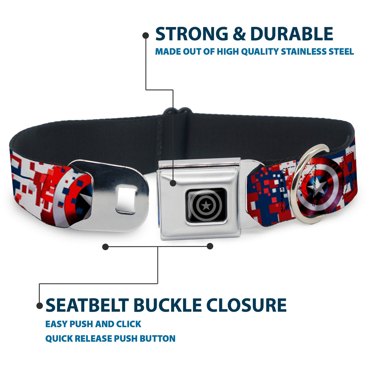 MARVEL AVENGERS Captain America Shield Black Silver Seatbelt Buckle Collar - Captain America Shield Digital Camo Blue/White/Red - Buckle-Down - Flyclothing LLC