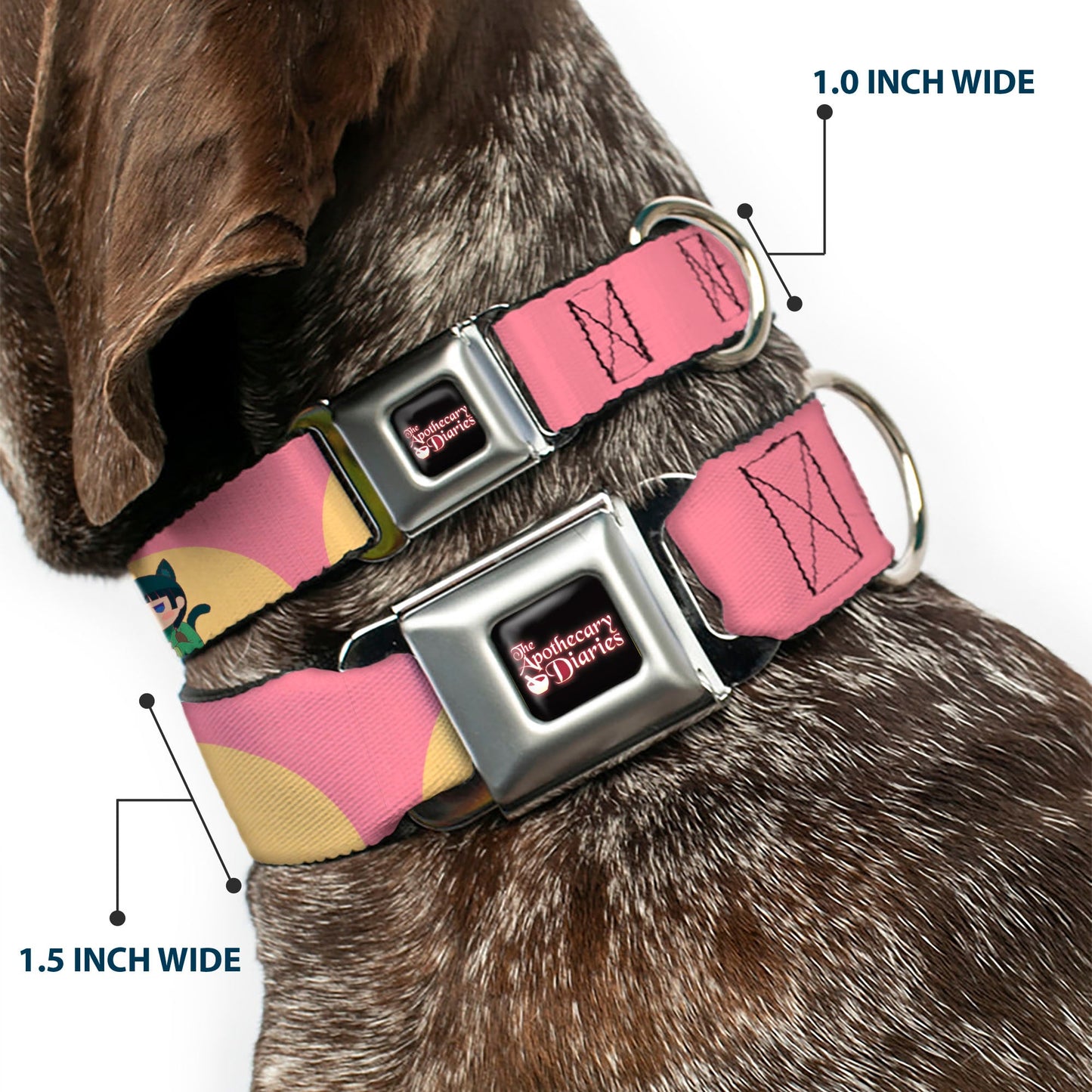 THE APOTHECARY DIARIES Title Logo Full Color Black/Red/White Seatbelt Buckle Collar - The Apothecary Diaries Chibi Maomao Cat Pose Pink/Yellow