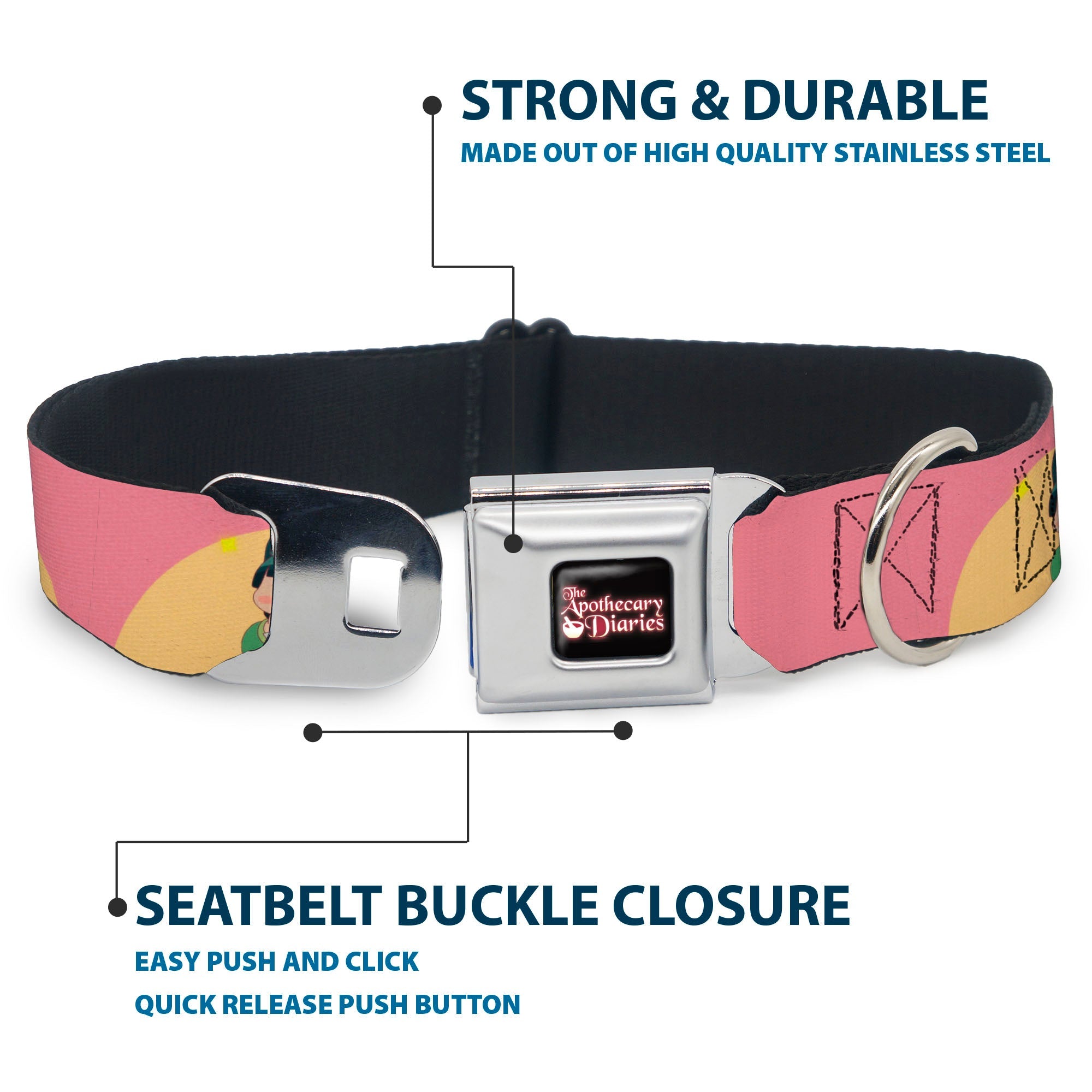 THE APOTHECARY DIARIES Title Logo Full Color Black/Red/White Seatbelt Buckle Collar - The Apothecary Diaries Chibi Maomao Cat Pose Pink/Yellow