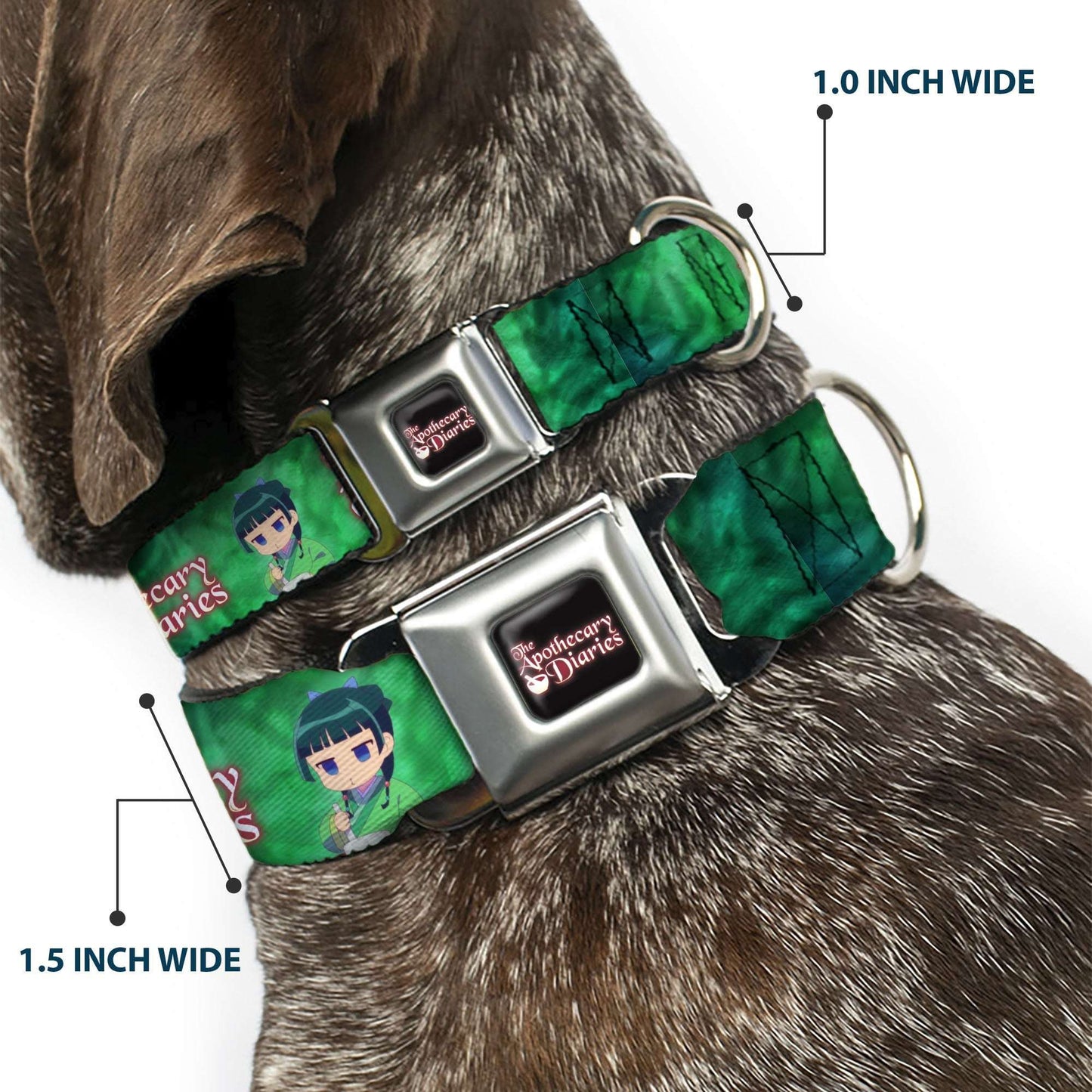THE APOTHECARY DIARIES Title Logo Full Color Black/Red/White Seatbelt Buckle Collar - THE APOTHECARY DIARIES Maomao Grinding Pose and Title Logo Greens