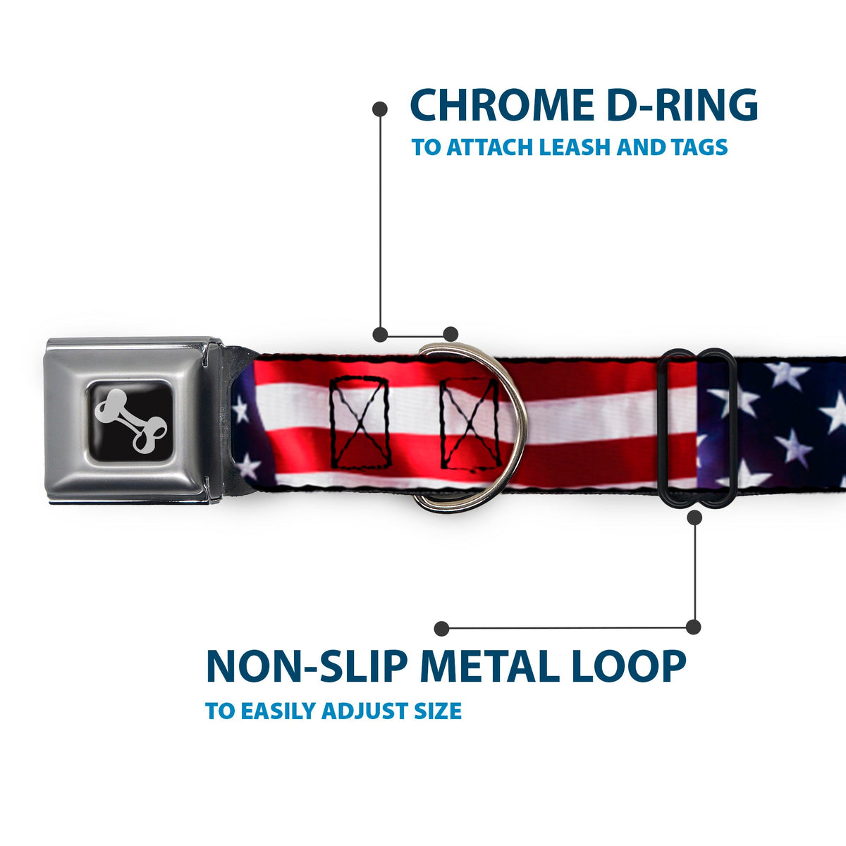 Dog Bone Seatbelt Buckle Collar - American Flag Vivid CLOSE-UP - Buckle-Down - Flyclothing LLC