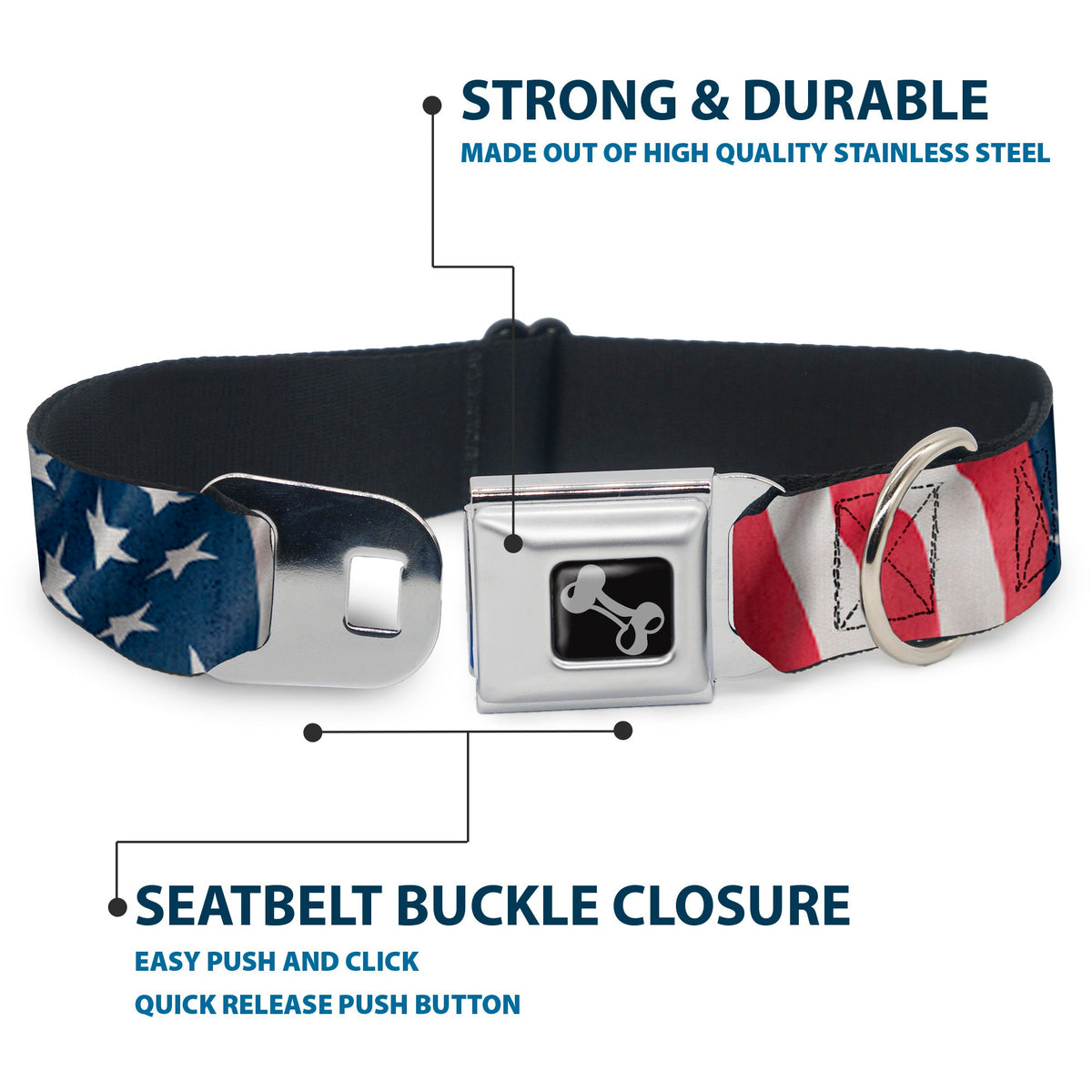 Dog Bone Seatbelt Buckle Collar - American Flag Vertical CLOSE-UP