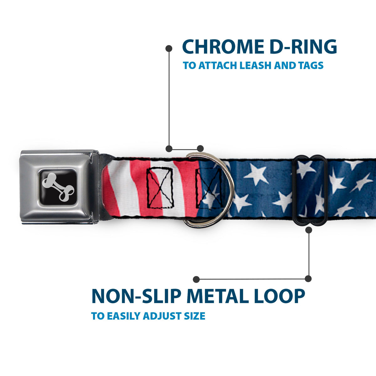 Dog Bone Seatbelt Buckle Collar - American Flag Vertical CLOSE-UP