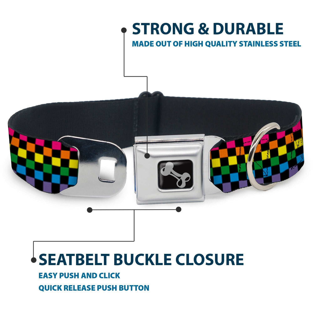 Dog Bone Seatbelt Buckle Collar - Checker Black/Neon Rainbow - Buckle-Down - Flyclothing LLC
