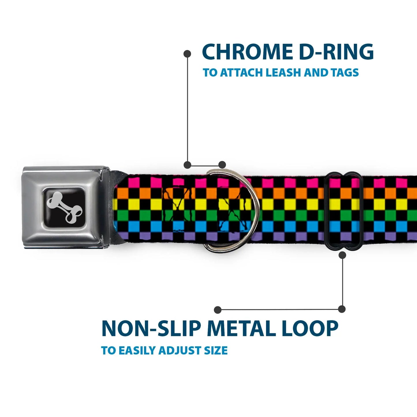 Dog Bone Seatbelt Buckle Collar - Checker Black/Neon Rainbow - Buckle-Down - Flyclothing LLC