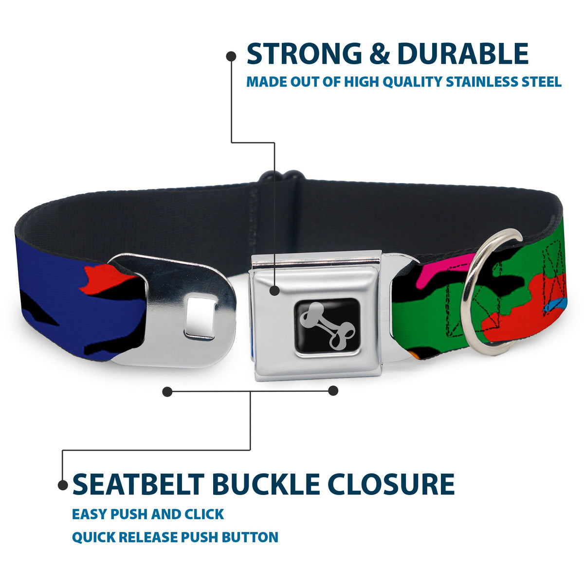 Dog Bone Seatbelt Buckle Collar - Camo Multi Neon
