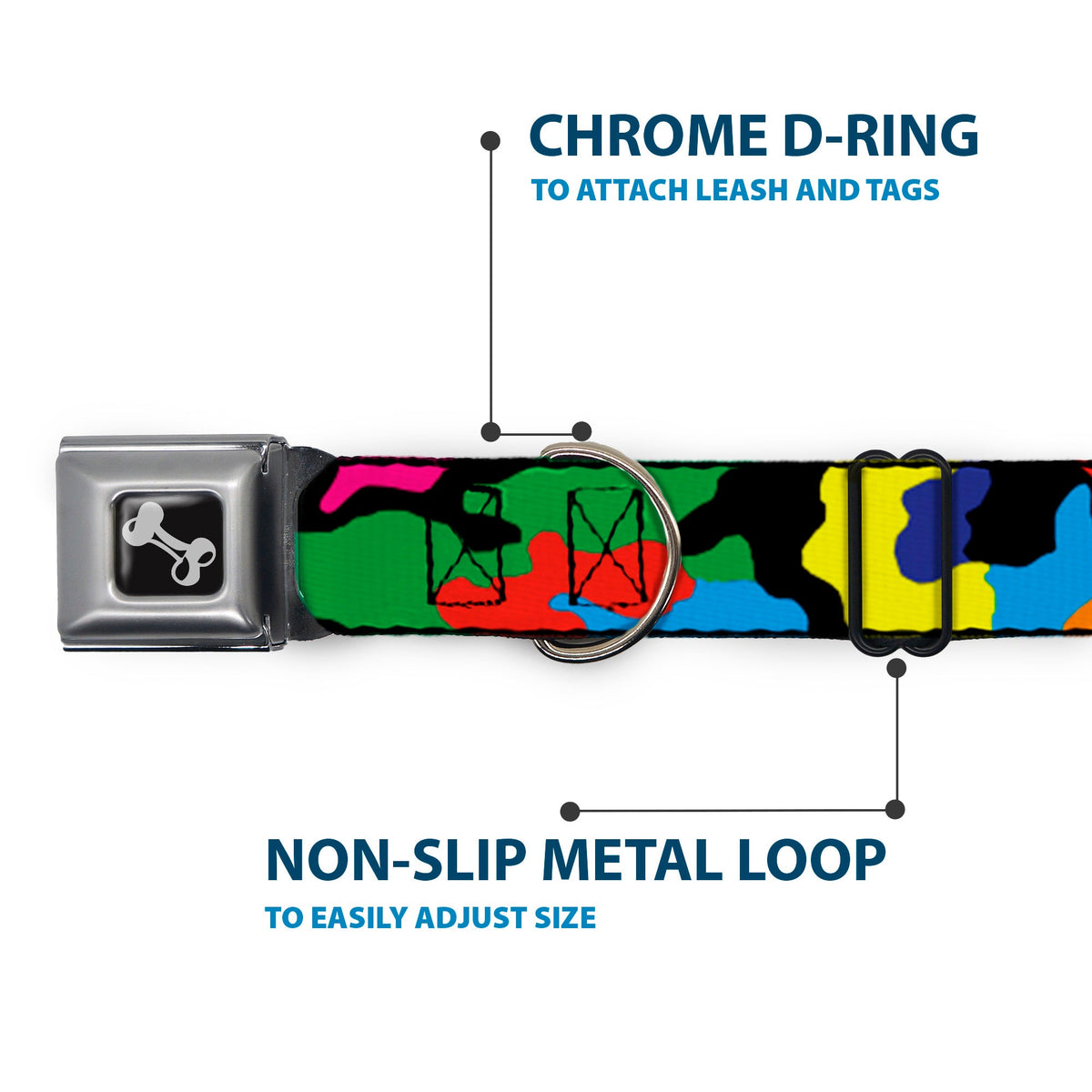 Dog Bone Seatbelt Buckle Collar - Camo Multi Neon
