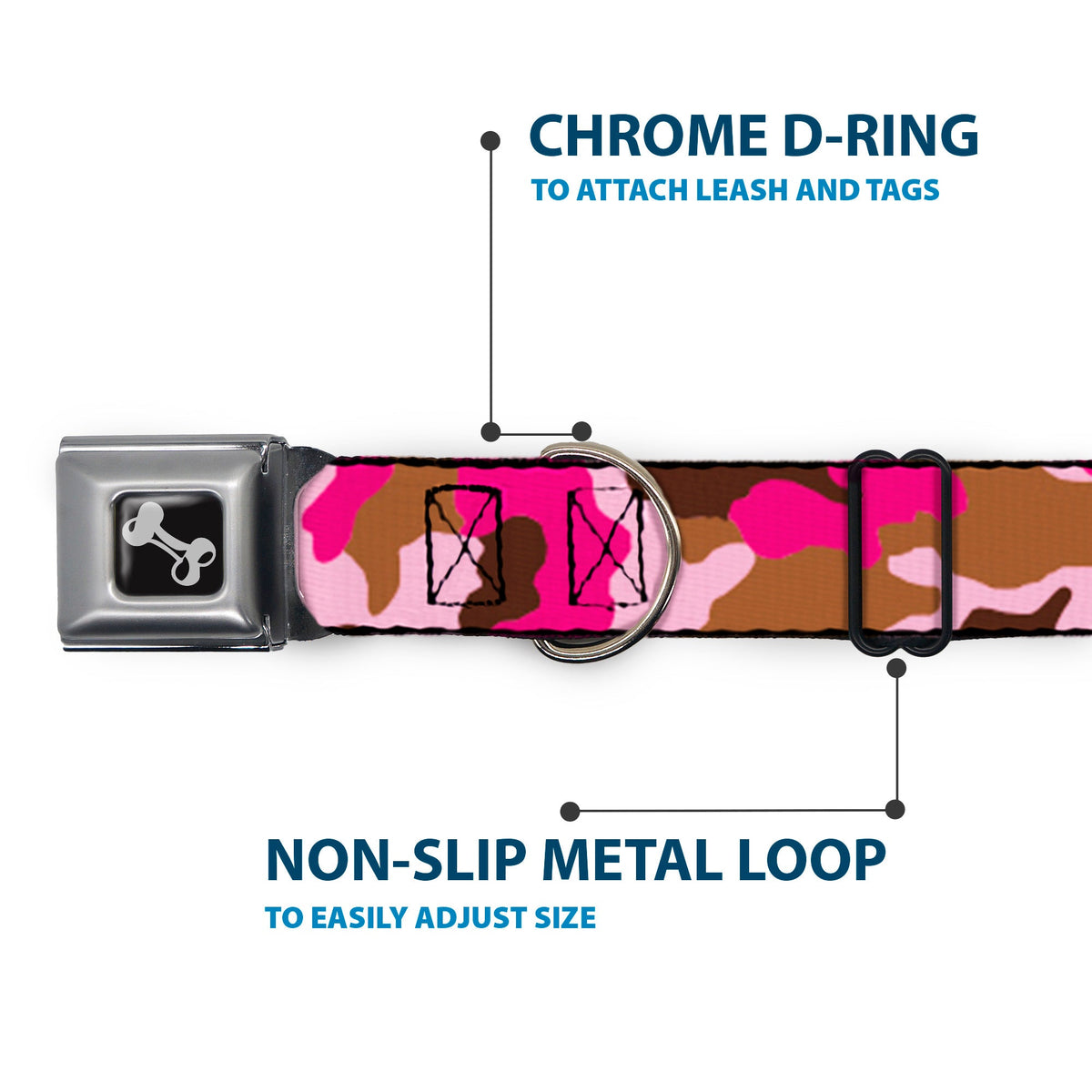 Dog Bone Seatbelt Buckle Collar - Camo Pink