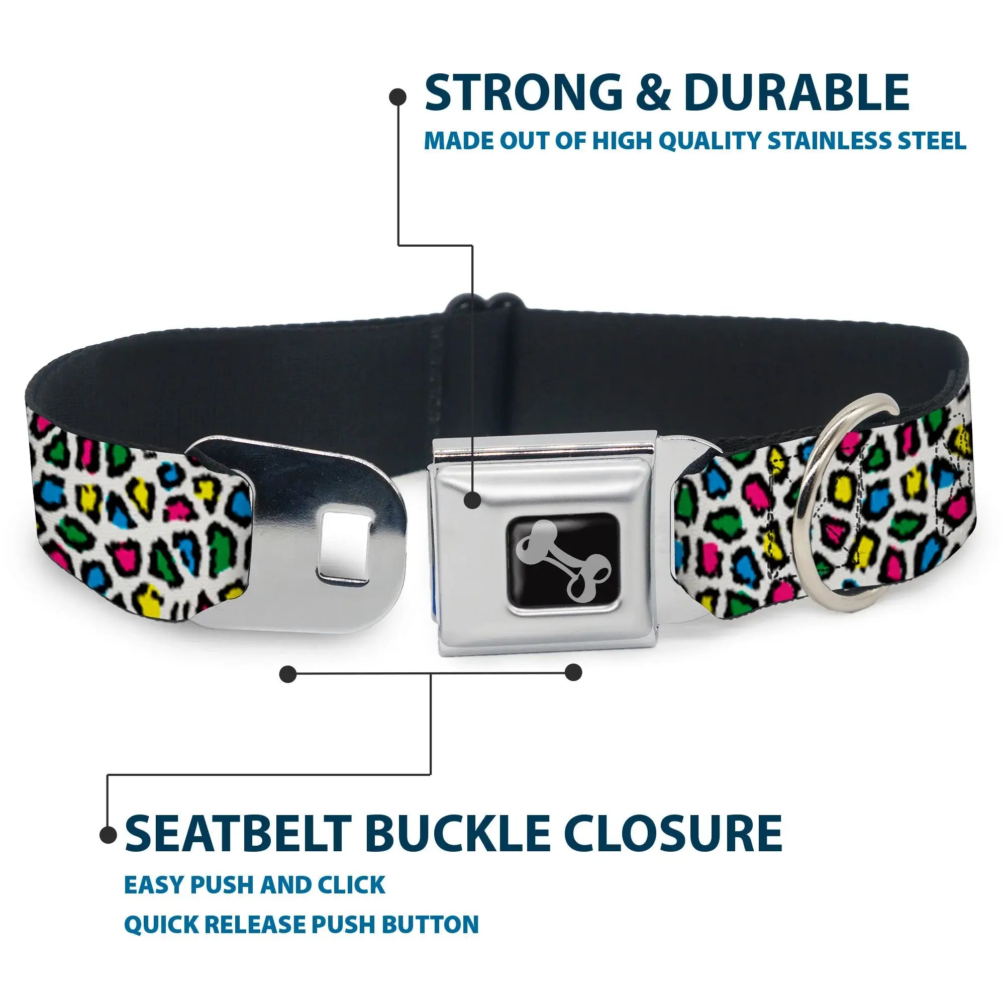 Dog Bone Seatbelt Buckle Collar - Leopard White/Multi Color - Buckle-Down - Flyclothing LLC