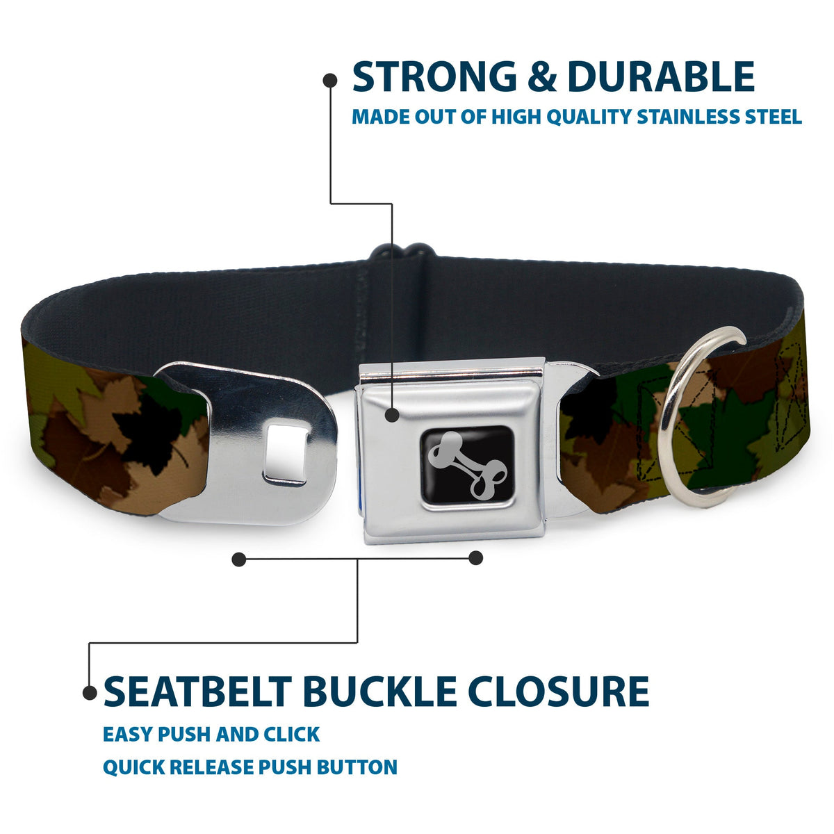 Dog Bone Seatbelt Buckle Collar - Leaf Camo Browns/Greens/Black