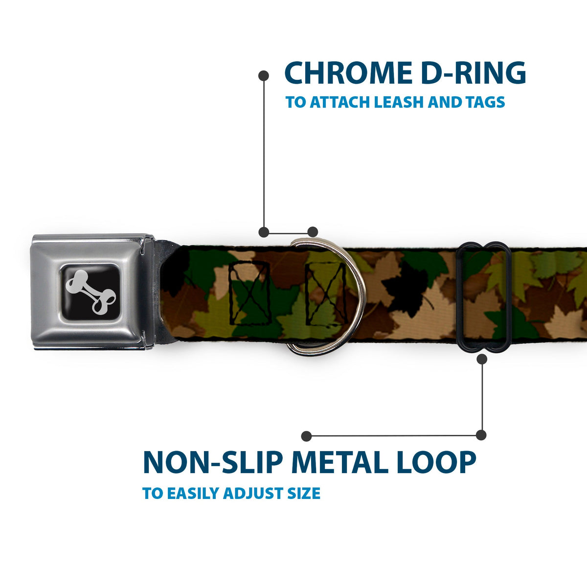 Dog Bone Seatbelt Buckle Collar - Leaf Camo Browns/Greens/Black
