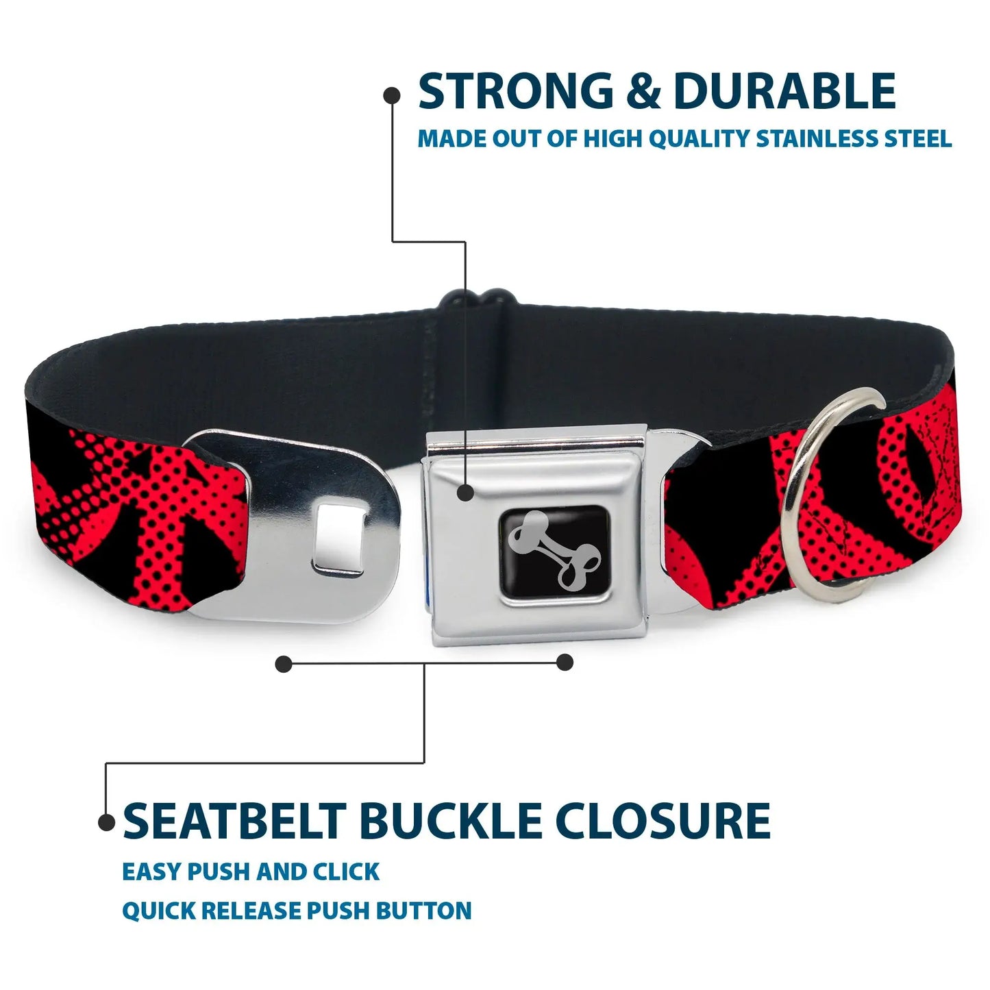 Dog Bone Seatbelt Buckle Collar - Peace Dots Black/Fuchsia - Buckle-Down - Flyclothing LLC