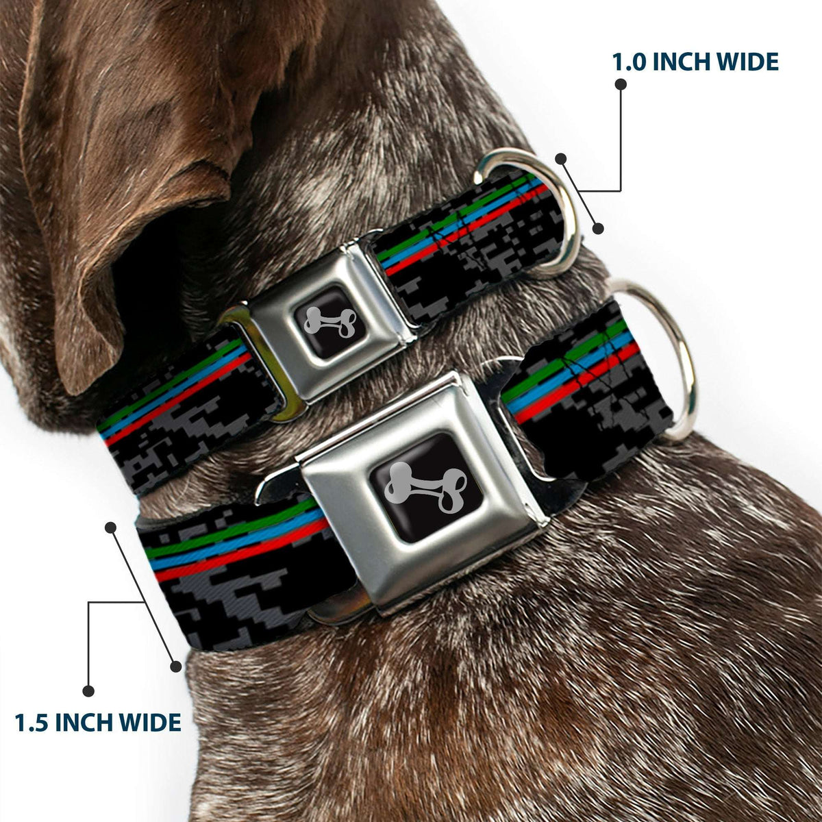 Dog Bone Black/Silver Seatbelt Buckle Collar - Racing Stripes/Digital Camo Black/Gray/Green/Blue/Red