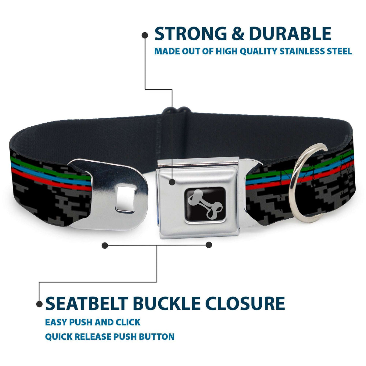 Dog Bone Black/Silver Seatbelt Buckle Collar - Racing Stripes/Digital Camo Black/Gray/Green/Blue/Red