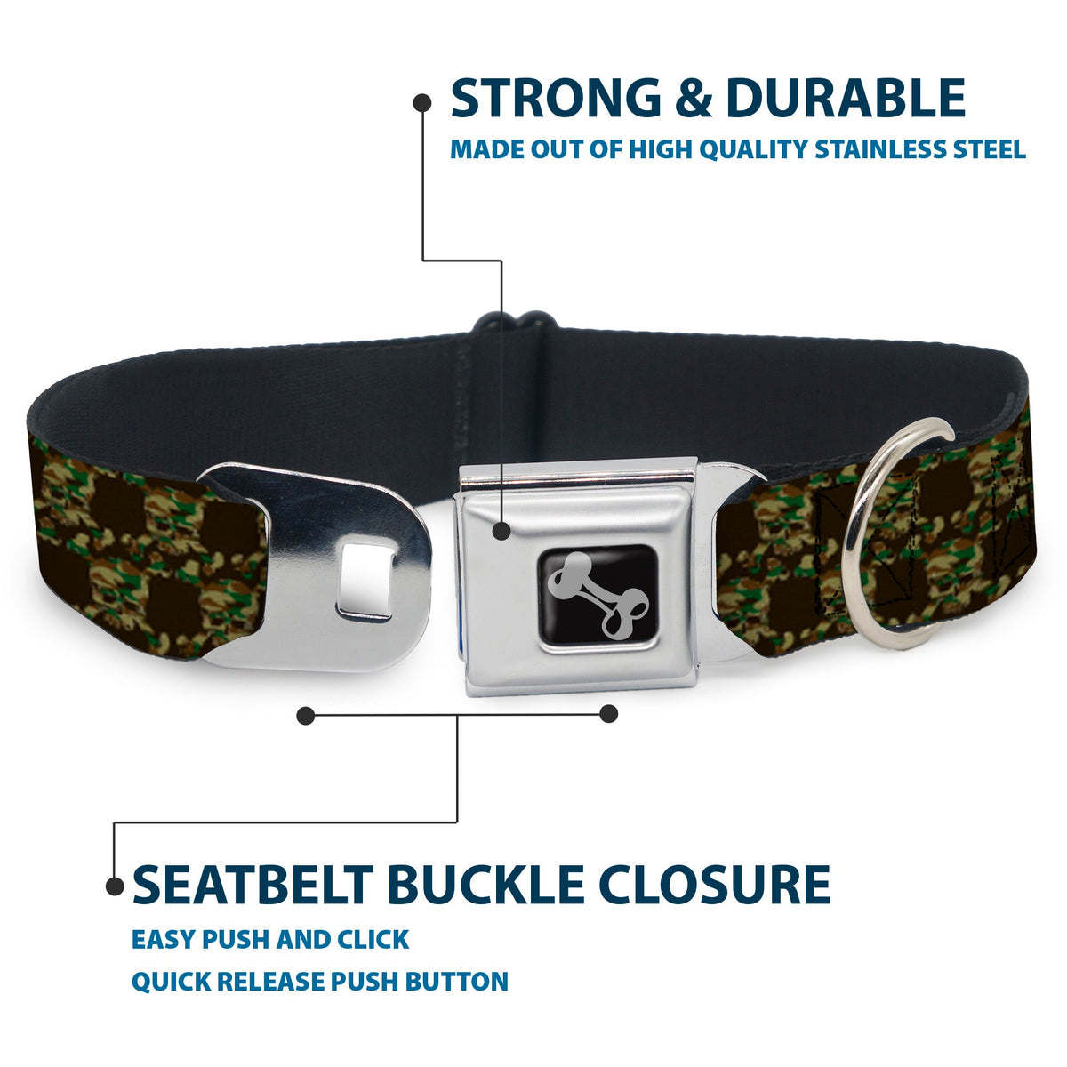 Dog Bone Seatbelt Buckle Collar - Top Skulls Black/Camo Olive