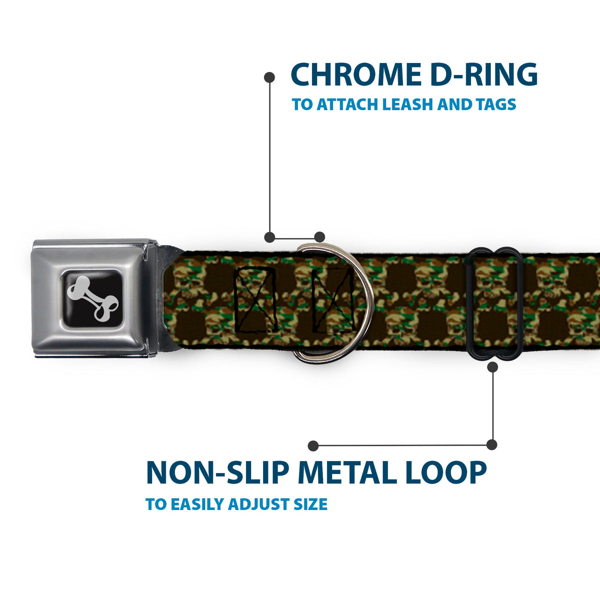 Dog Bone Seatbelt Buckle Collar - Top Skulls Black/Camo Olive