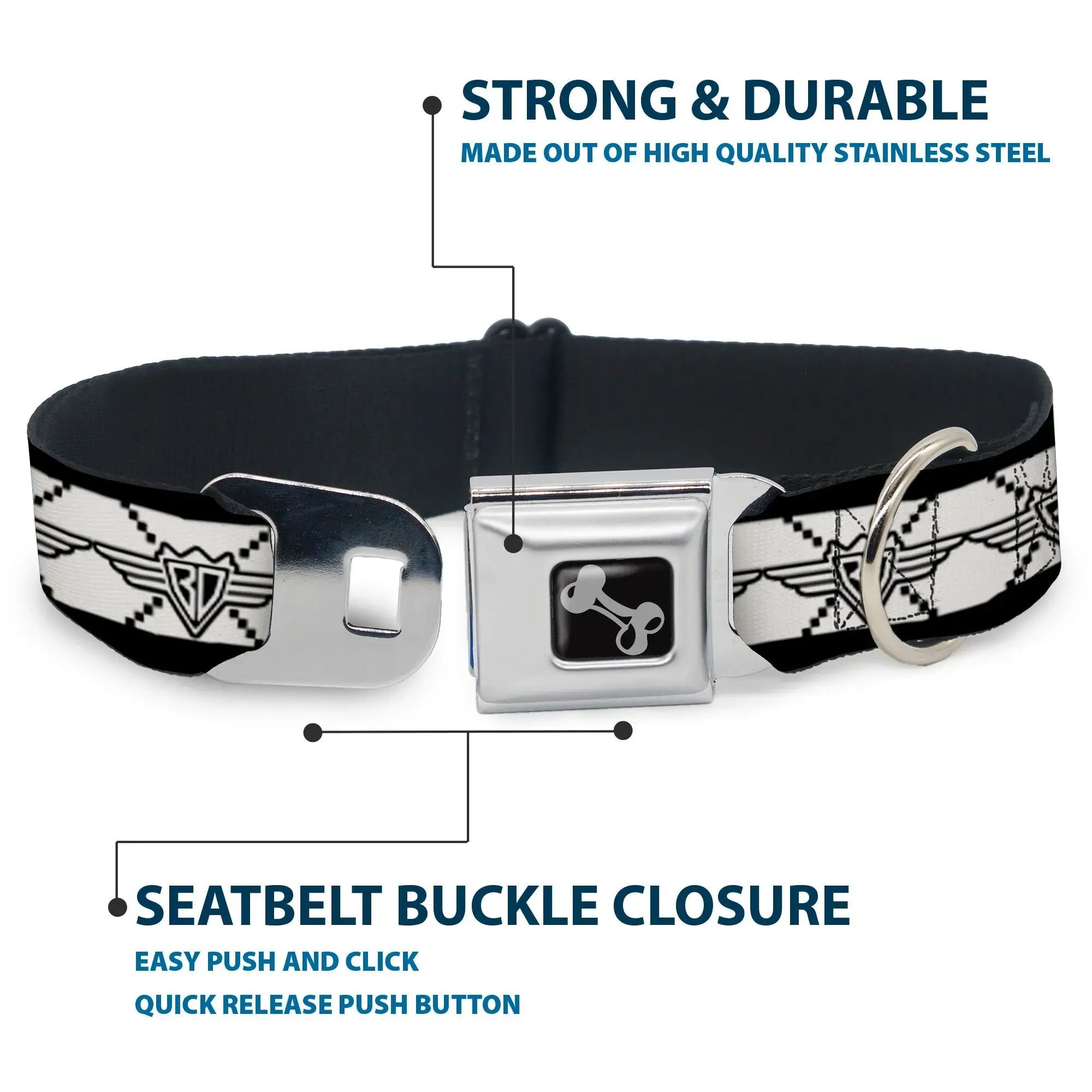 Dog Bone Seatbelt Buckle Collar - BD Monogram2 White/Black - Buckle-Down - Flyclothing LLC