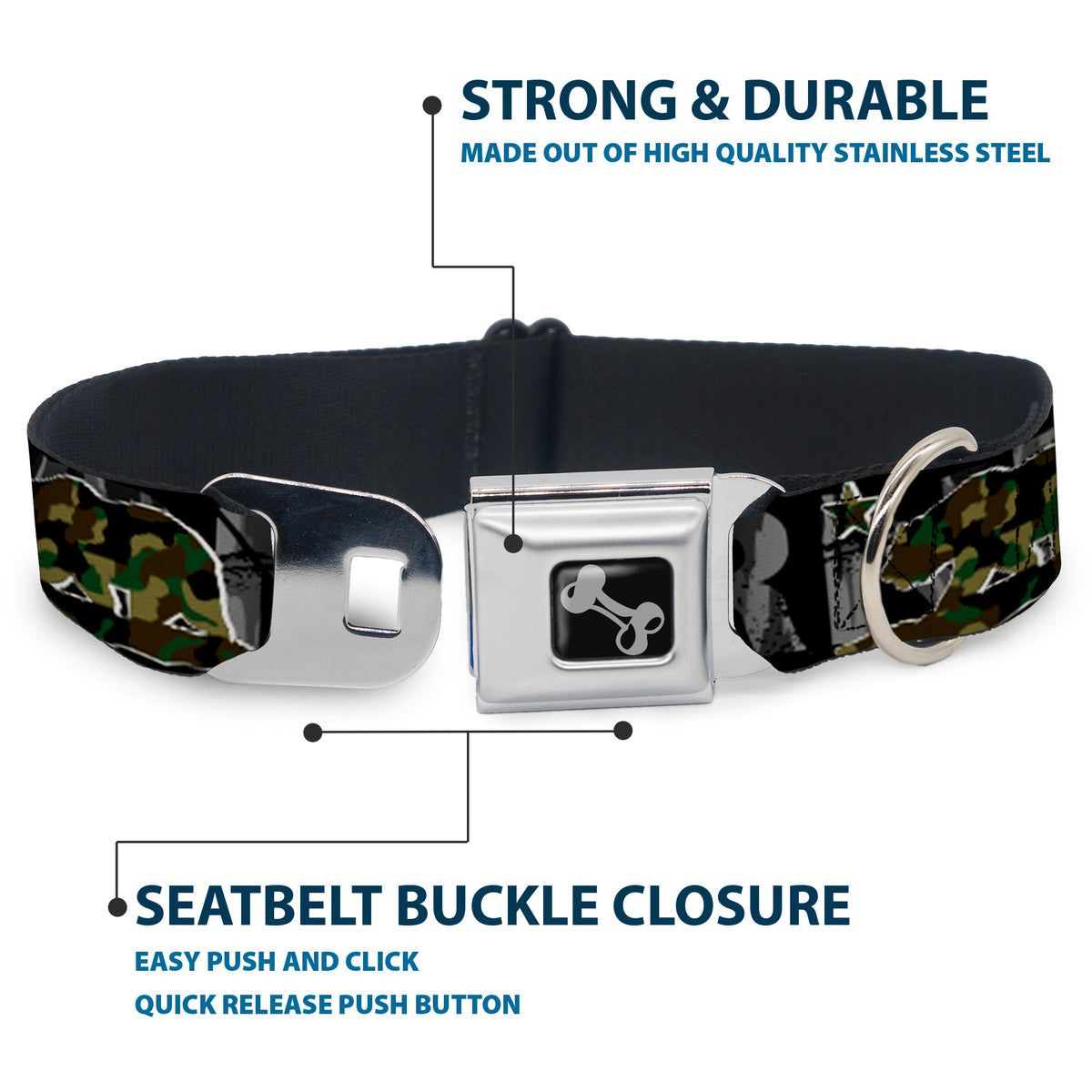 Dog Bone Seatbelt Buckle Collar - CALIFORNIA/Flag Bear Black/Camo Gray/Camo Olive