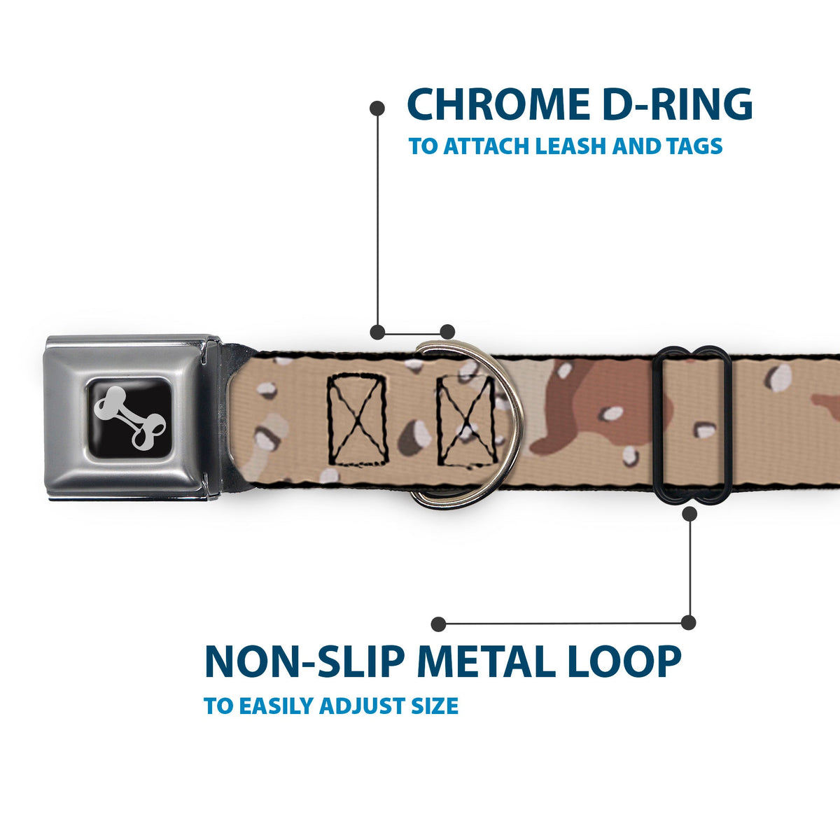 Dog Bone Black/Silver Seatbelt Buckle Collar - Desert Camo Tans/Browns