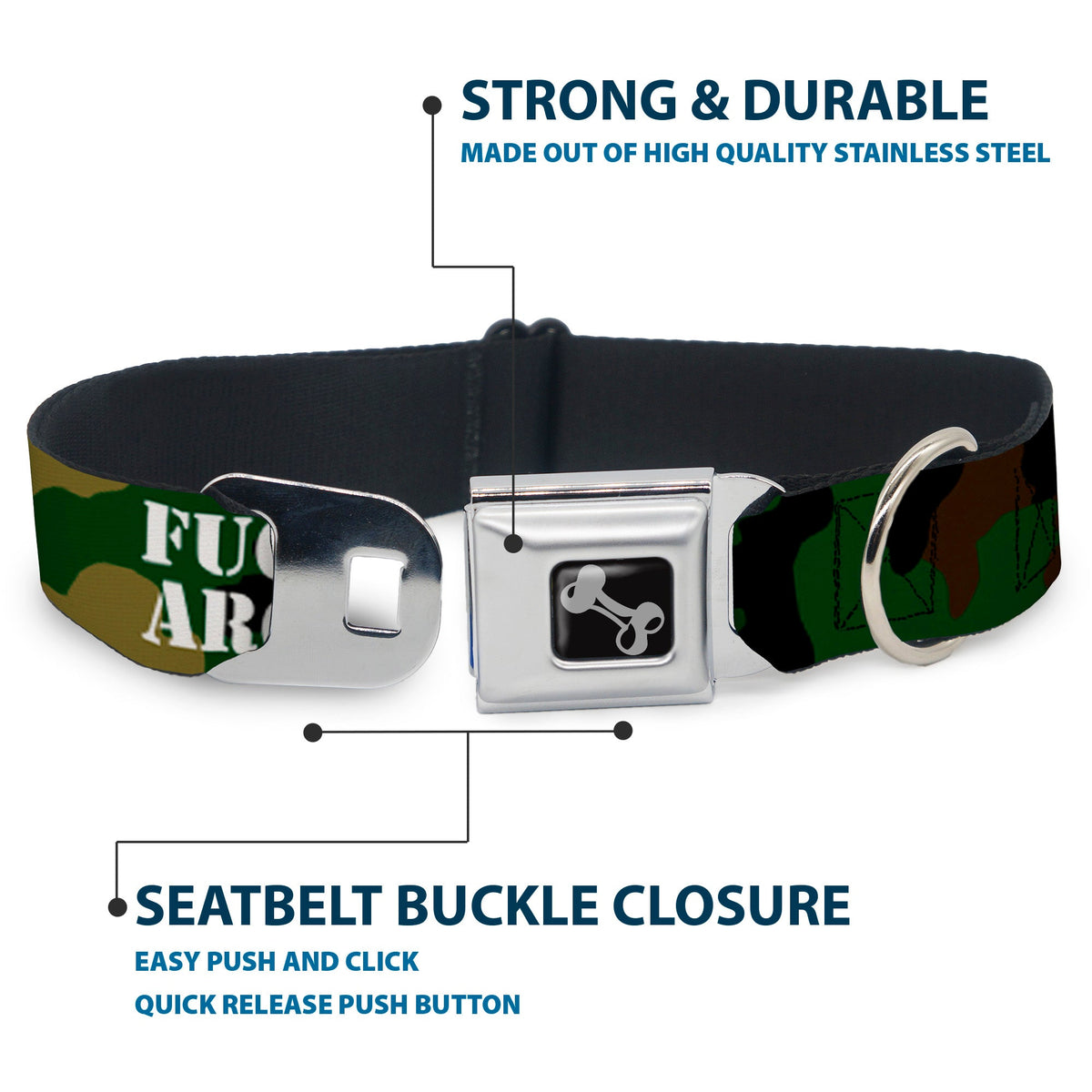 Dog Bone Black/Silver Seatbelt Buckle Collar - FAFO FUCK AROUND & FIND OUT Stencil Camo/White - Buckle-Down - Flyclothing LLC