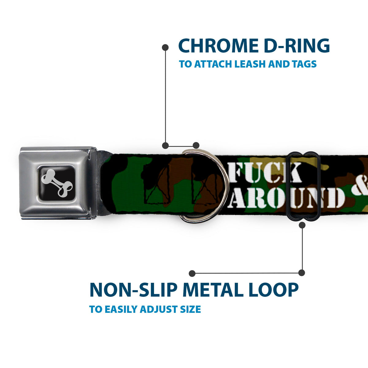 Dog Bone Black/Silver Seatbelt Buckle Collar - FAFO FUCK AROUND & FIND OUT Stencil Camo/White - Buckle-Down - Flyclothing LLC