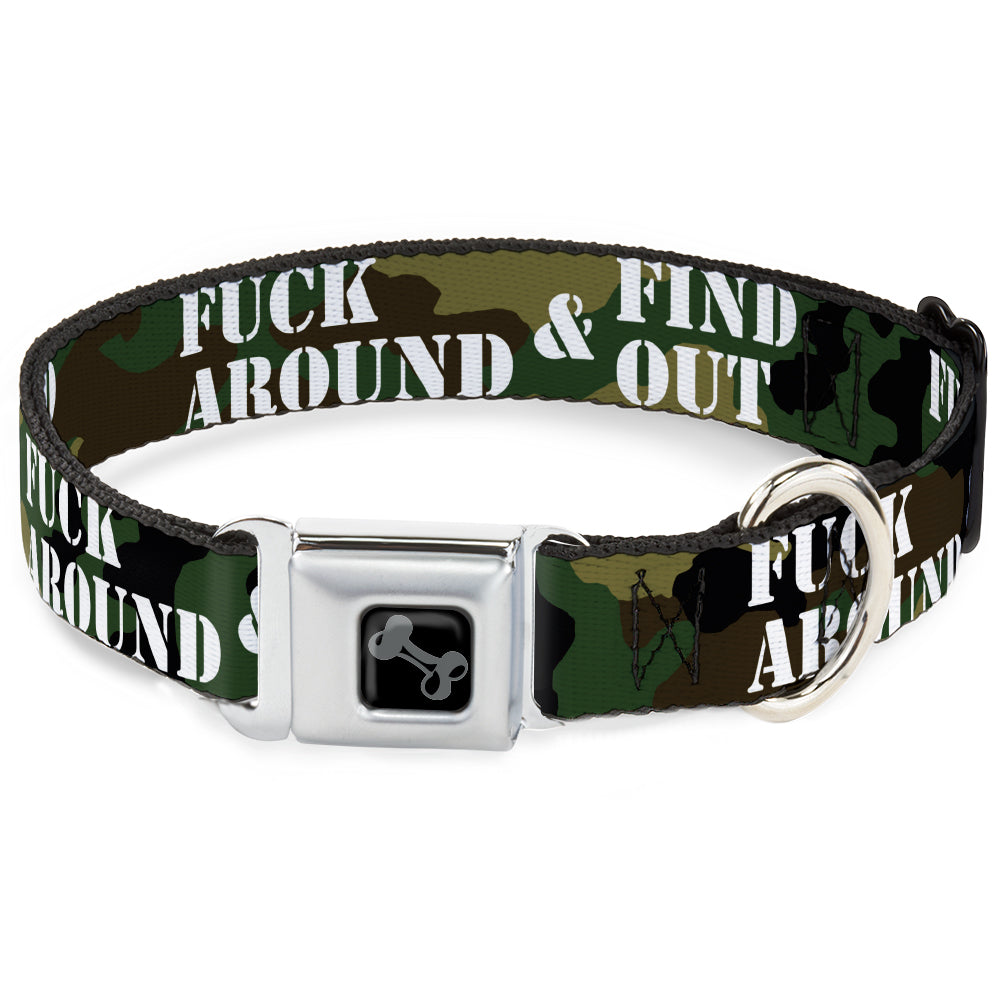 Dog Bone Black/Silver Seatbelt Buckle Collar - FAFO FUCK AROUND & FIND OUT Stencil Camo/White - Buckle-Down - Flyclothing LLC